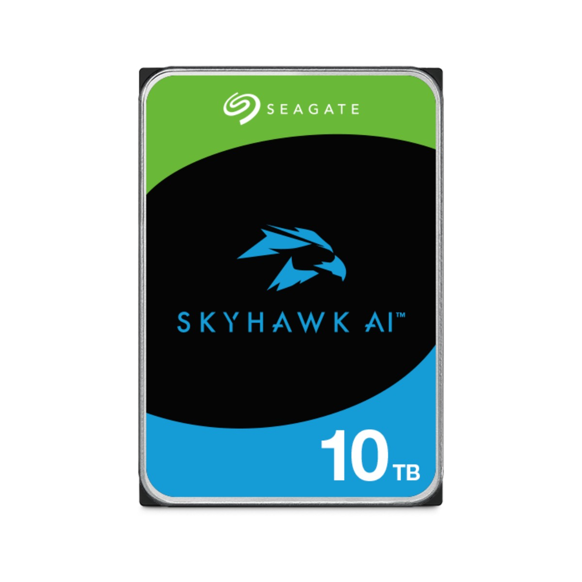 Hard disk Seagate SkyHawk AI da 10TB con logo aquila su sfondo nero e blu.