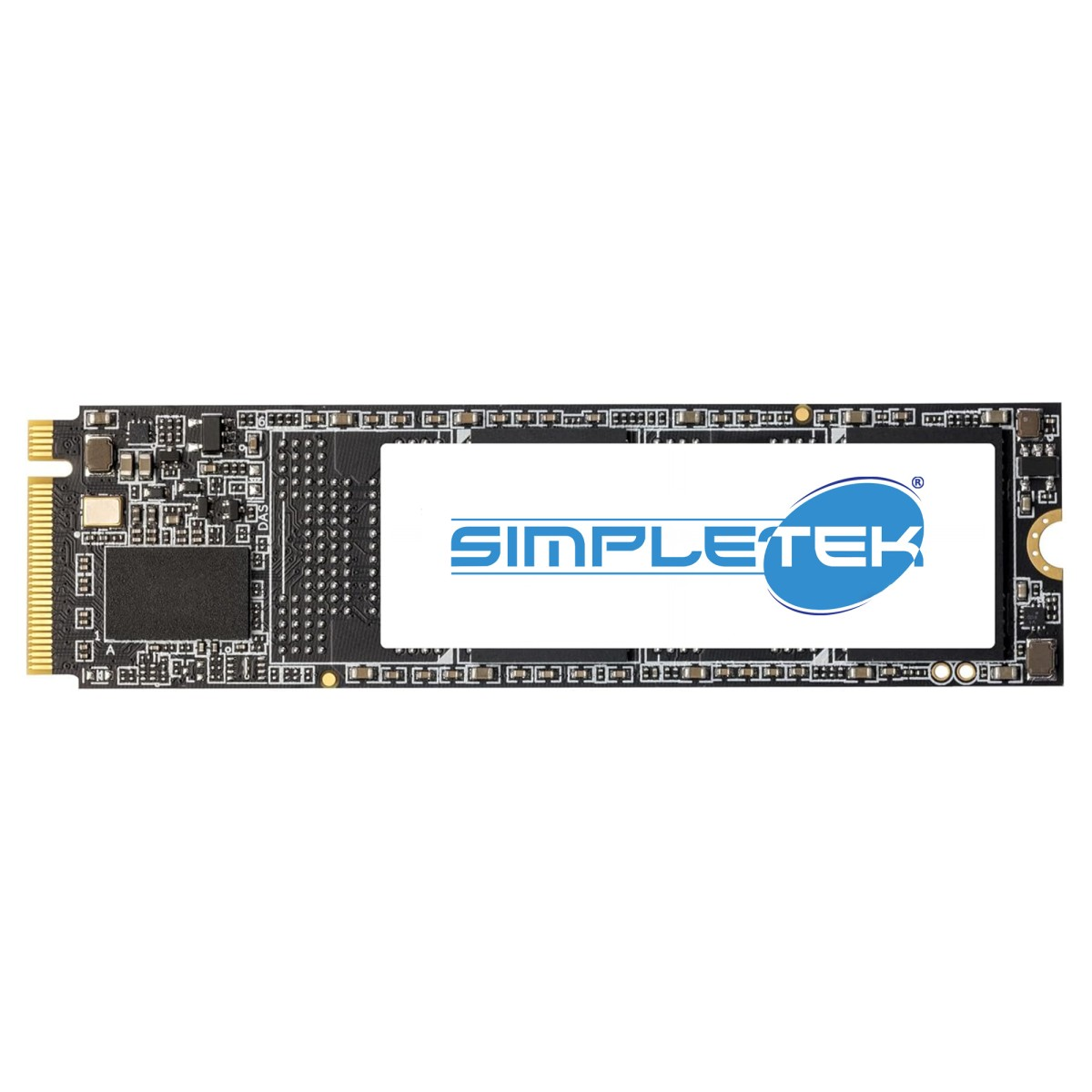 Un SSD M.2 NVMe nero con logo SIMPLEtek blu e bianco.