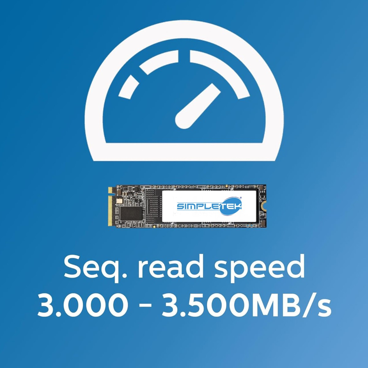 Un tachimetro bianco su sfondo blu sopra un SSD SimpleTek.