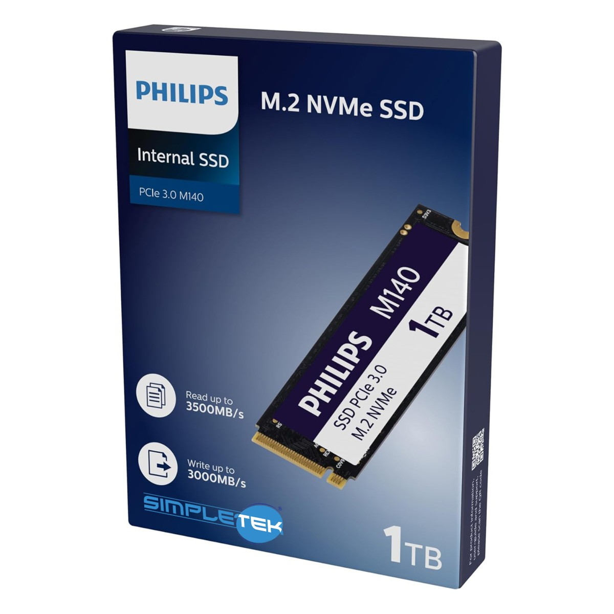 Confezione di un SSD Philips 1TB M.2 NVMe con specifiche di velocità.