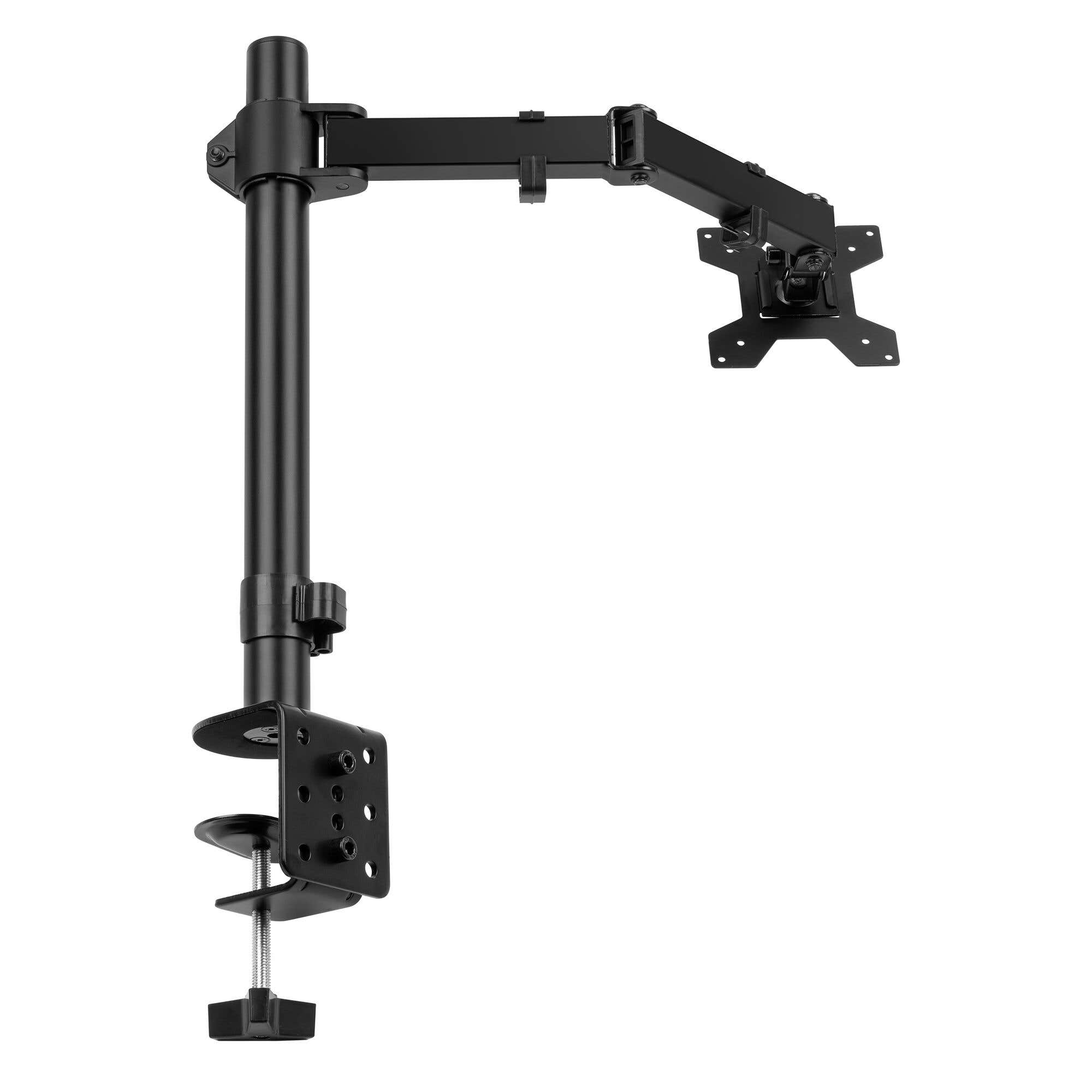Brazo de monitor negro con base de abrazadera, brazo ajustable y soporte VESA.