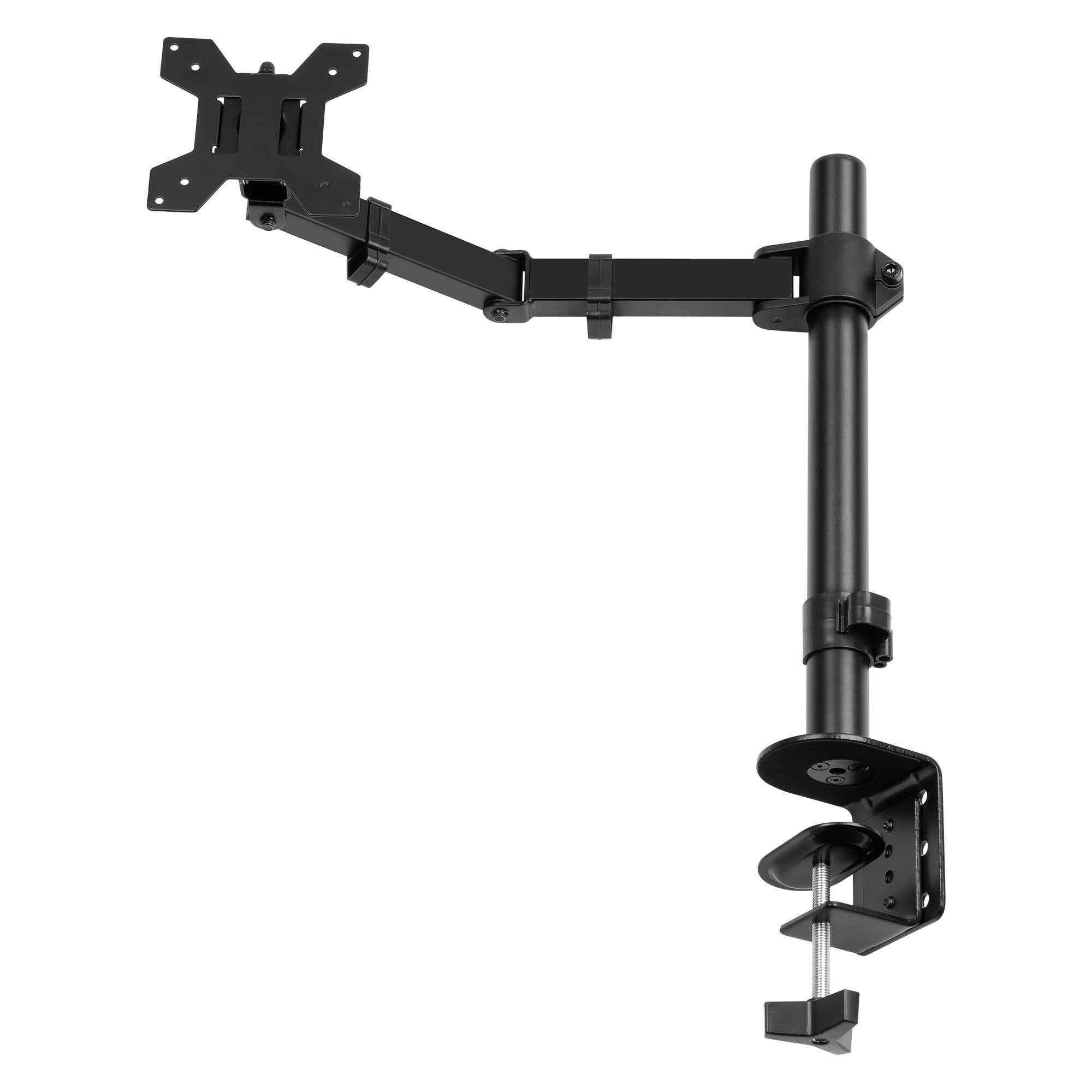 Soporte de monitor negro con base de abrazadera y soporte VESA.