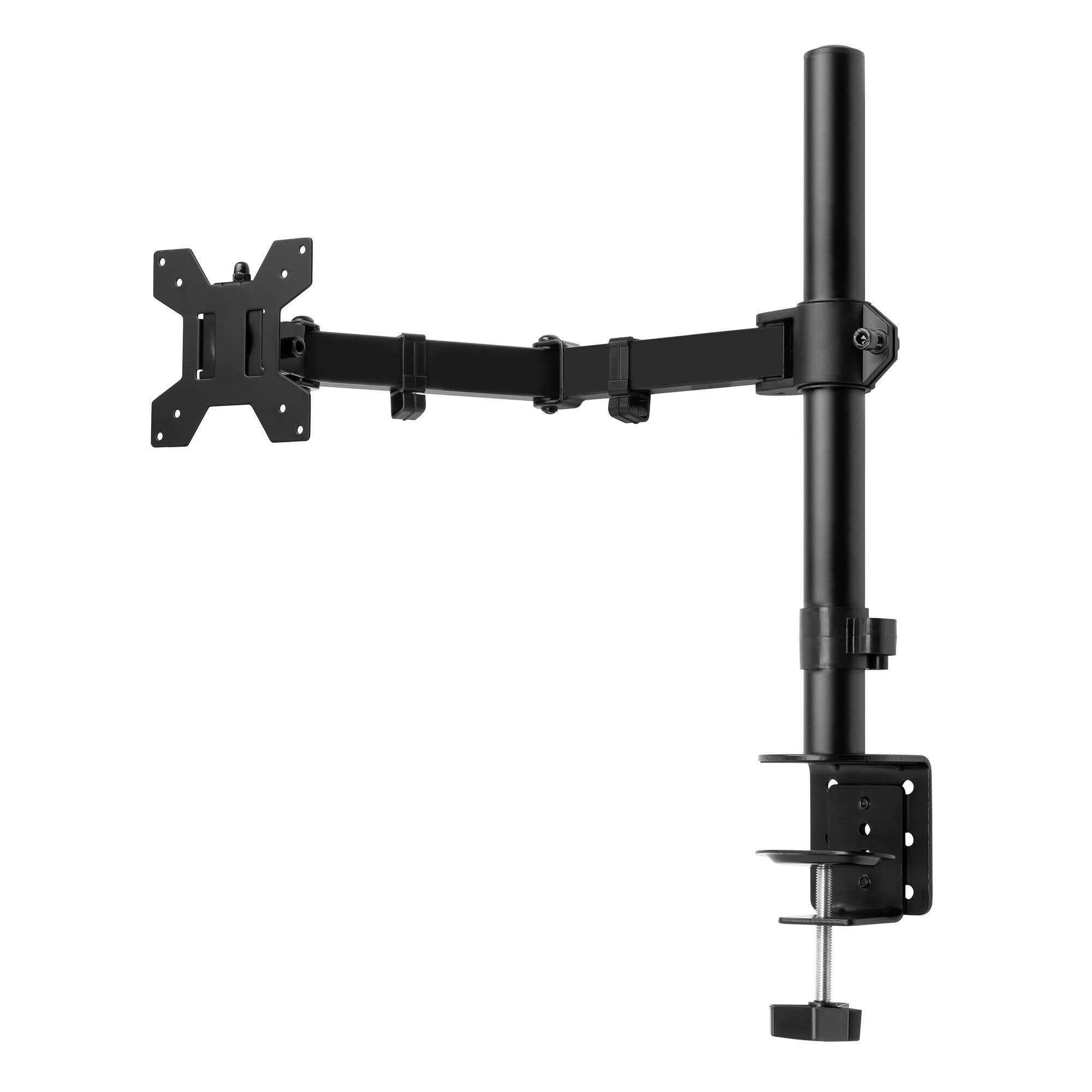 Un brazo de monitor negro con abrazadera, sujeto a un escritorio.