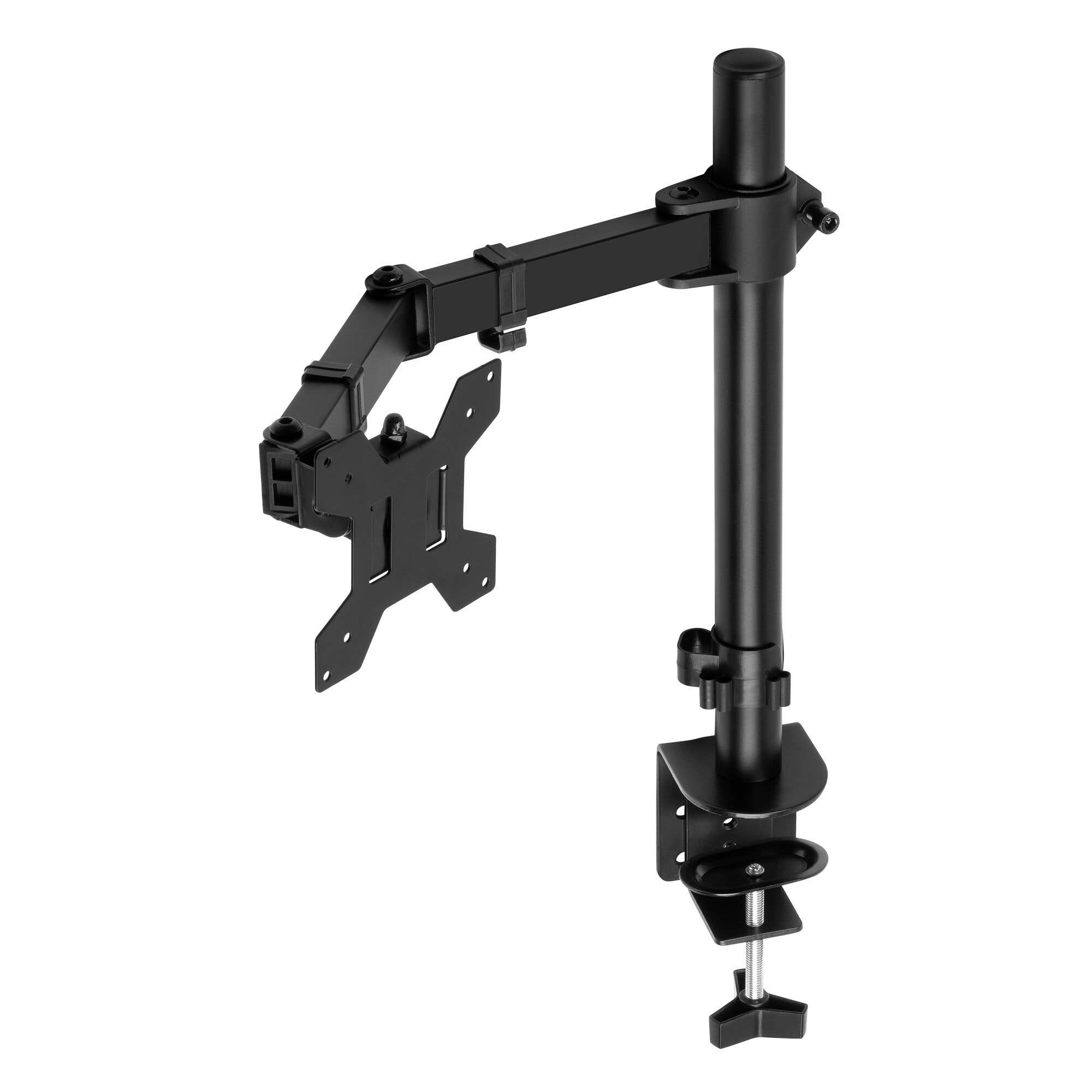 Soporte de monitor negro con brazo ajustable y abrazadera de escritorio.