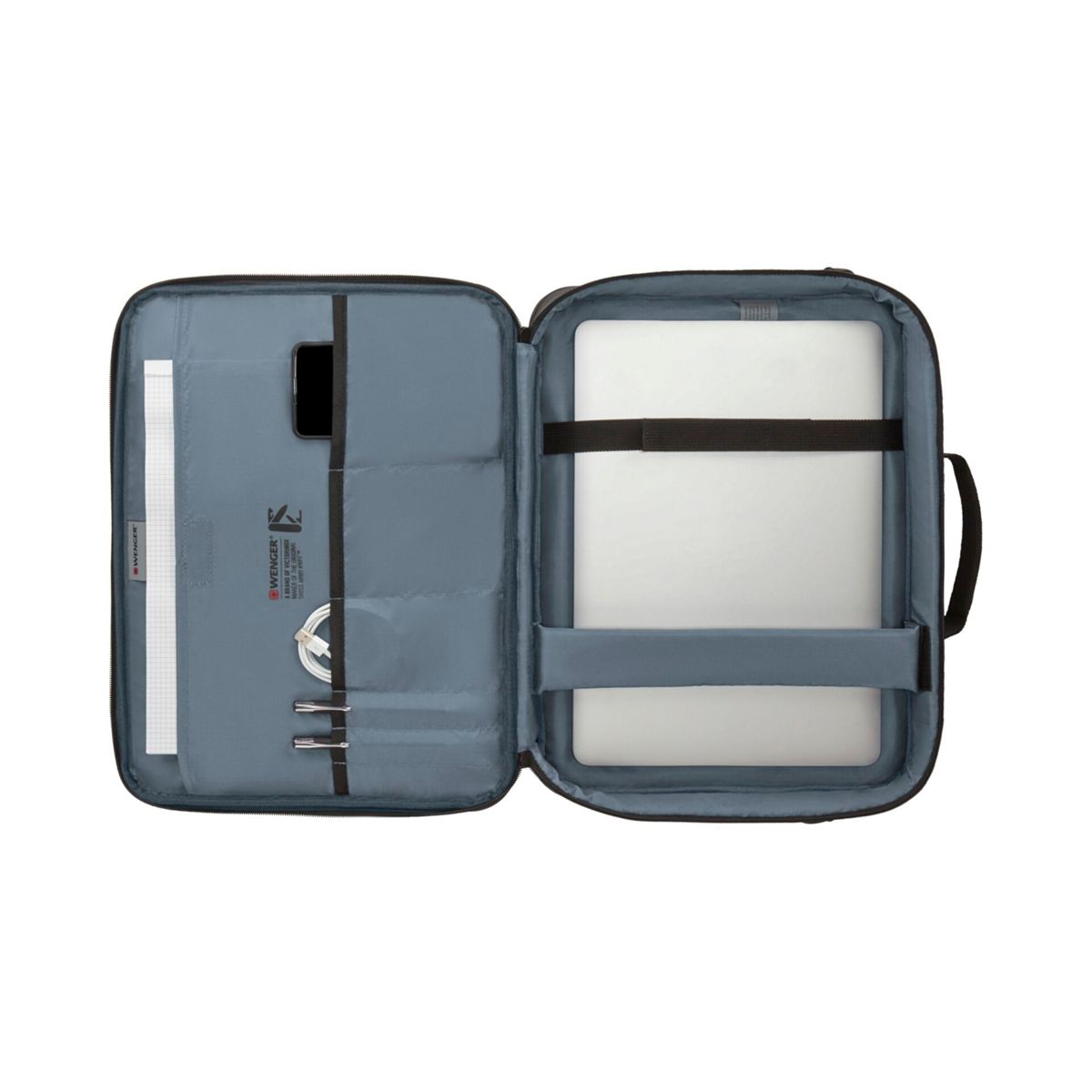 Borsa aperta per laptop Wenger blu con laptop, telefono, cavi e documenti.