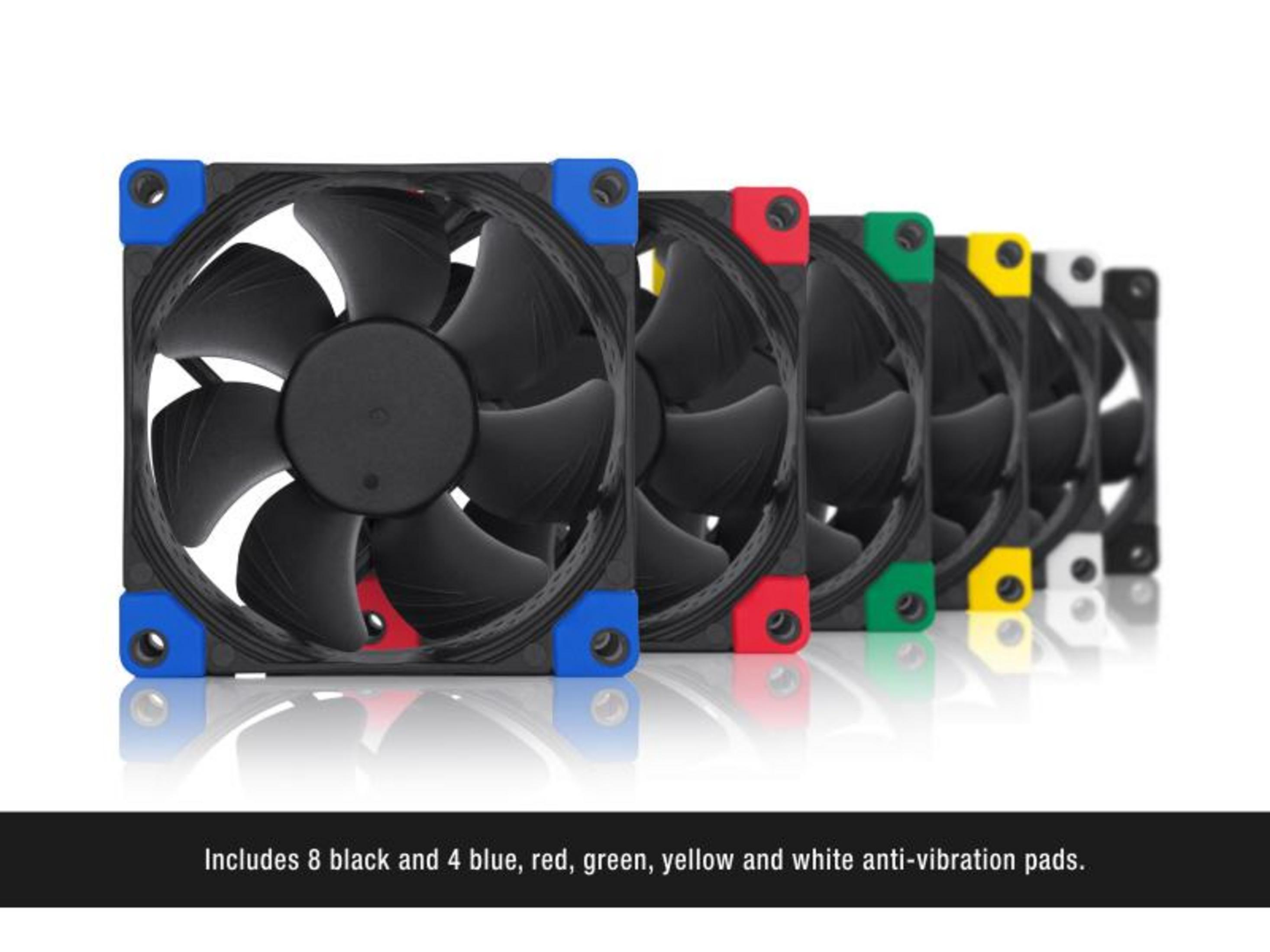 Row of black computer fans with colored anti-vibration pads: blue, red, green, yellow, white.