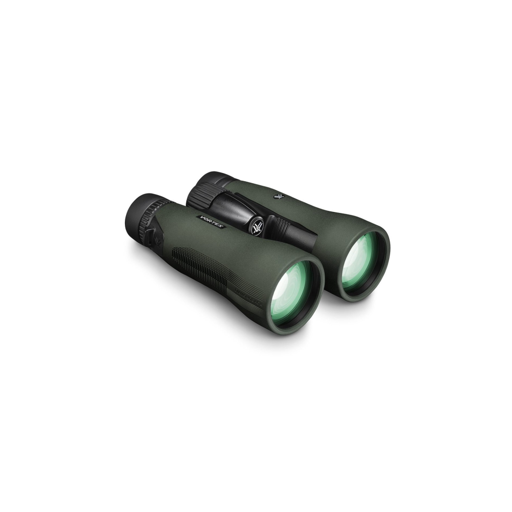 Donkergroene verrekijker met zwarte brug en groene lenzen. Productfoto.