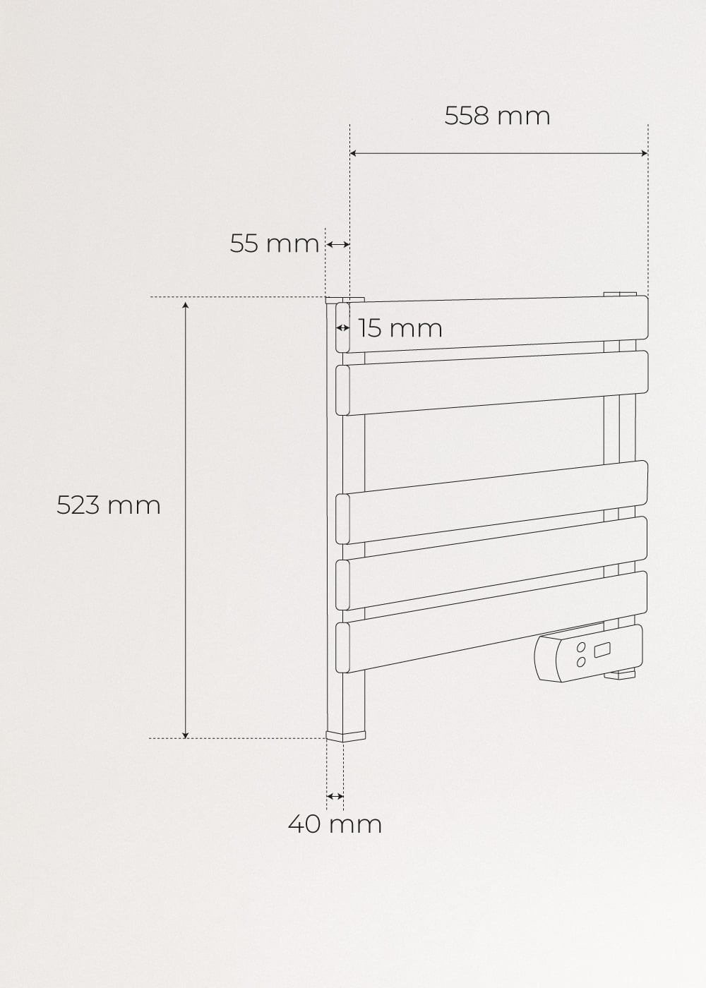 Dibujo técnico de un radiador con dimensiones: Alto 523mm, Ancho 558mm, Profundidad 15mm.