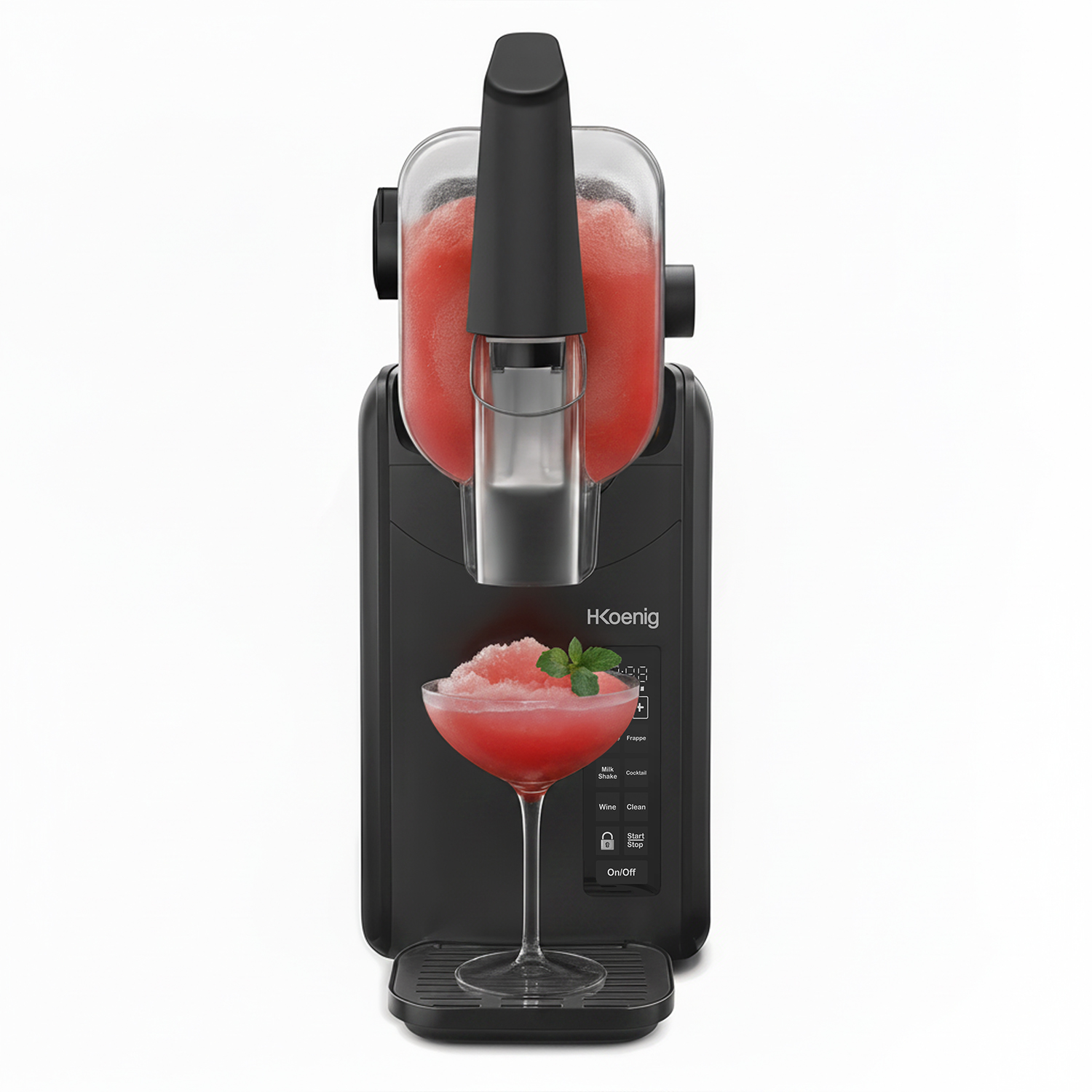 Ein schwarzer Slushie-Maker mit einem Glas gefrorenem Getränk.