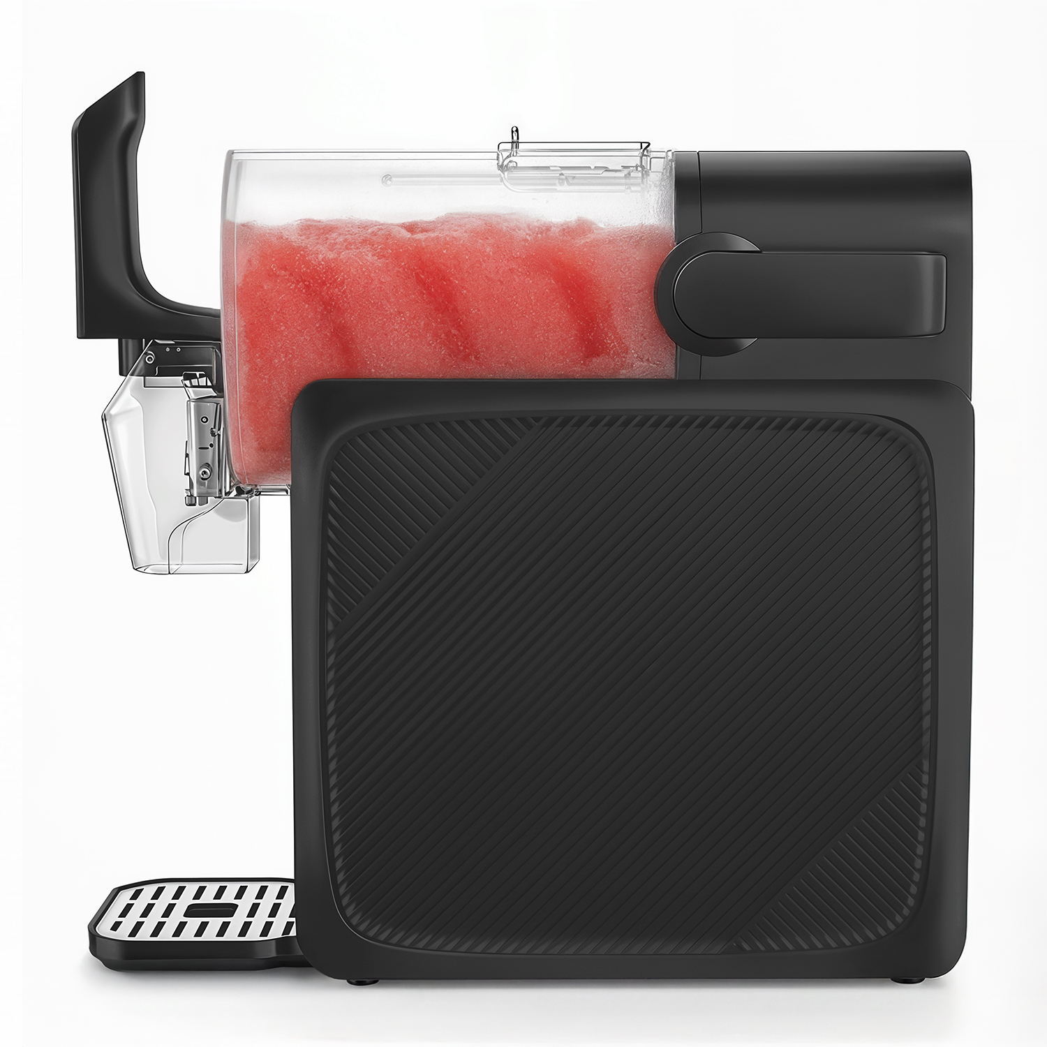 Ein schwarzer Slush-Eismaschine gefüllt mit rotem Slush-Eis.