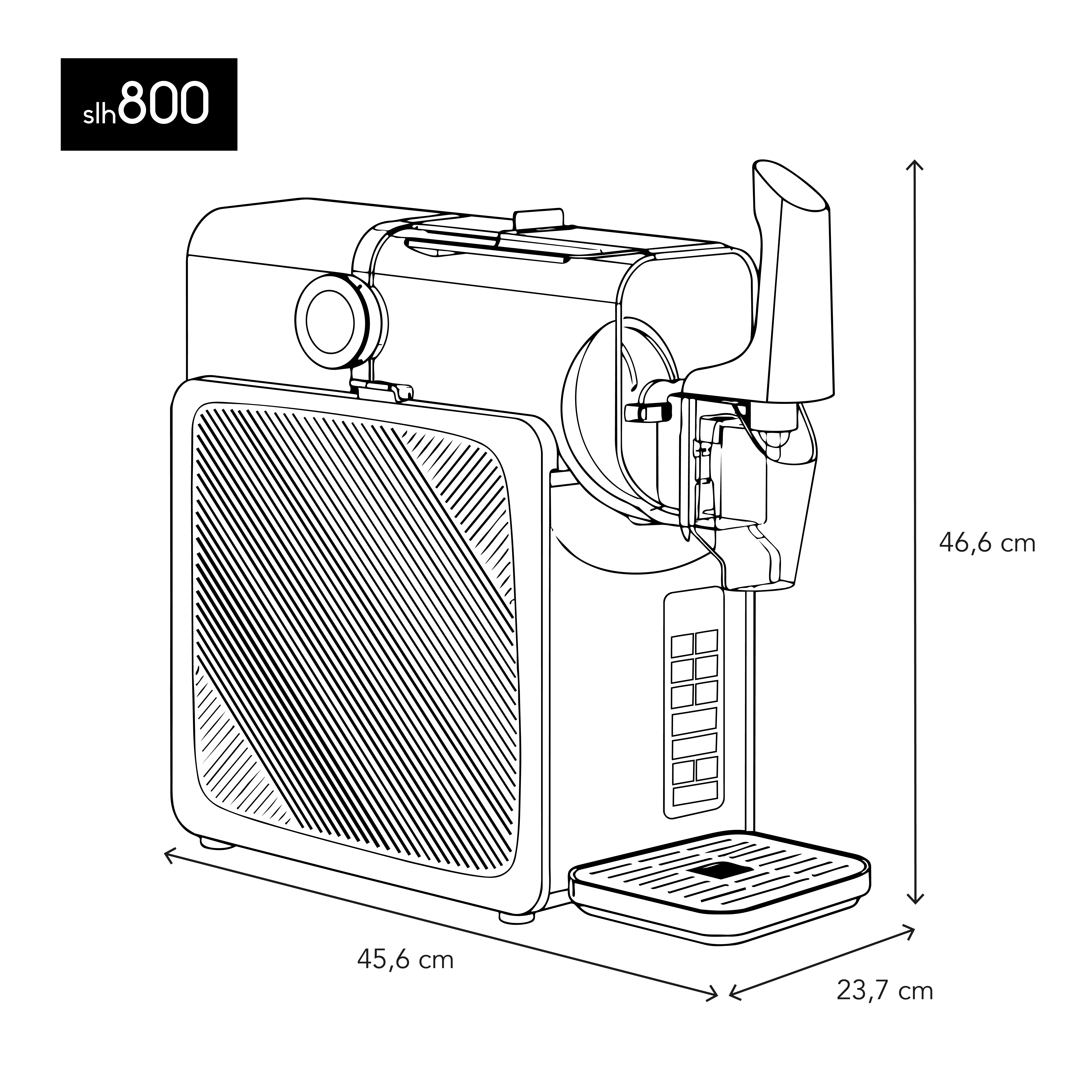 Zeichnung einer Kaffeemaschine mit Maßen 45,6 cm x 23,7 cm x 46,6 cm.