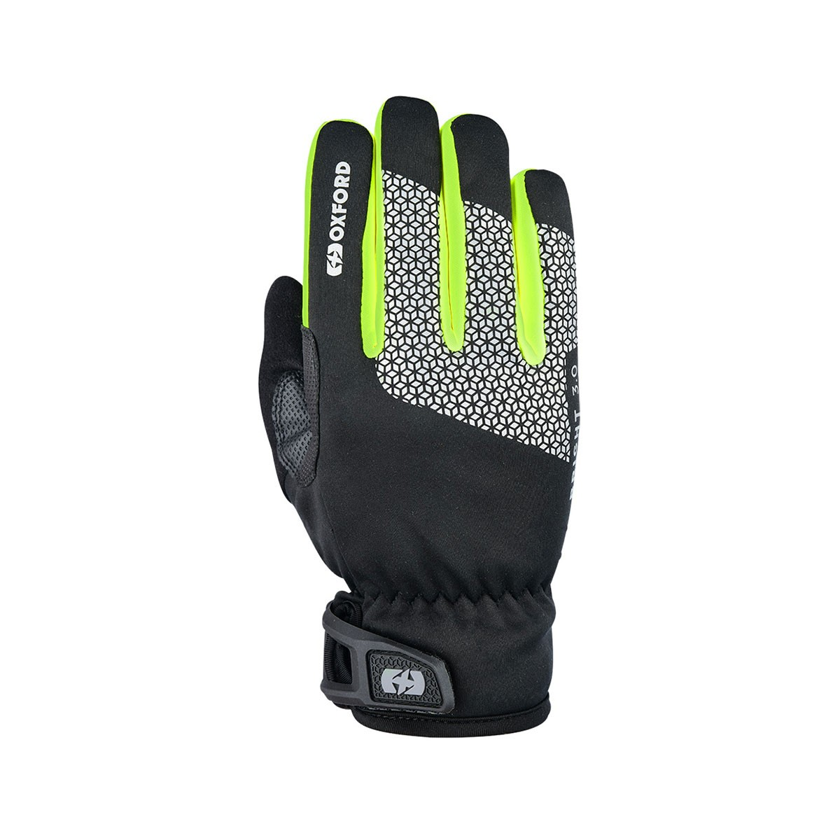 Guanto nero con accenti giallo neon e motivo geometrico.