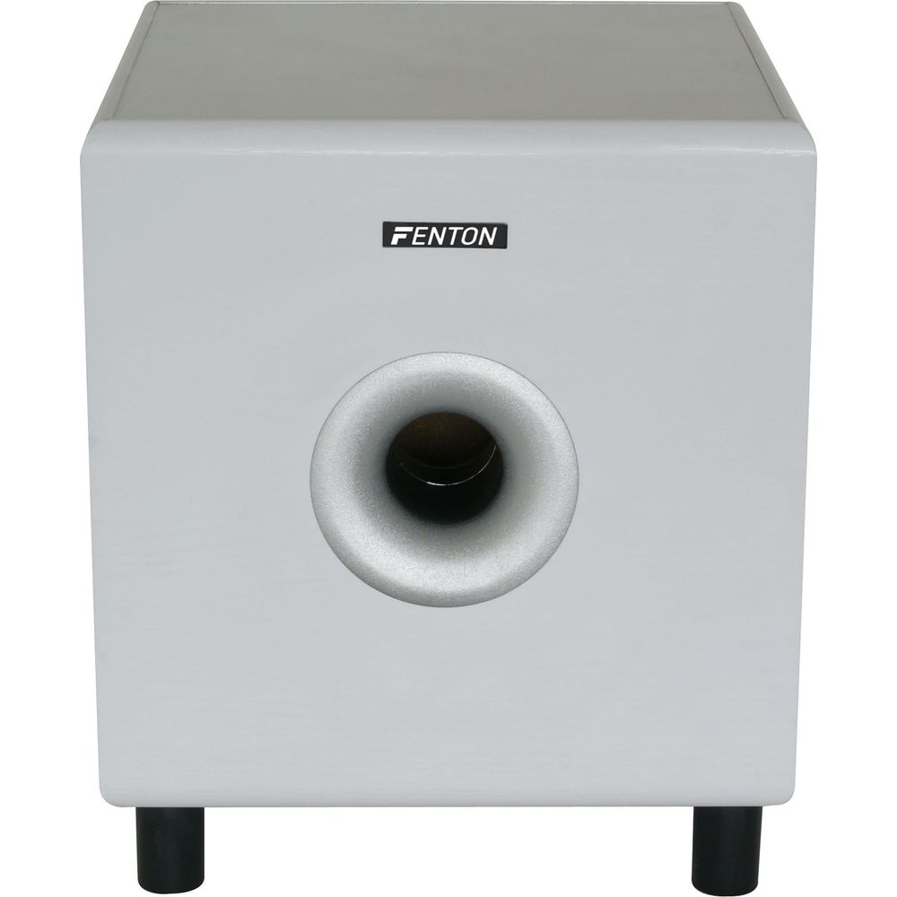 Un subwoofer Fenton blanc avec un évent bass reflex rond au centre.