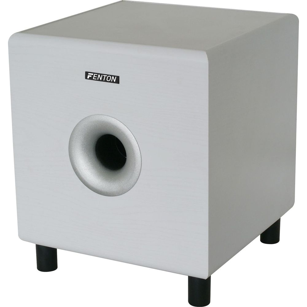 Caisson de basses blanc avec port bass reflex argenté et logo Fenton noir.