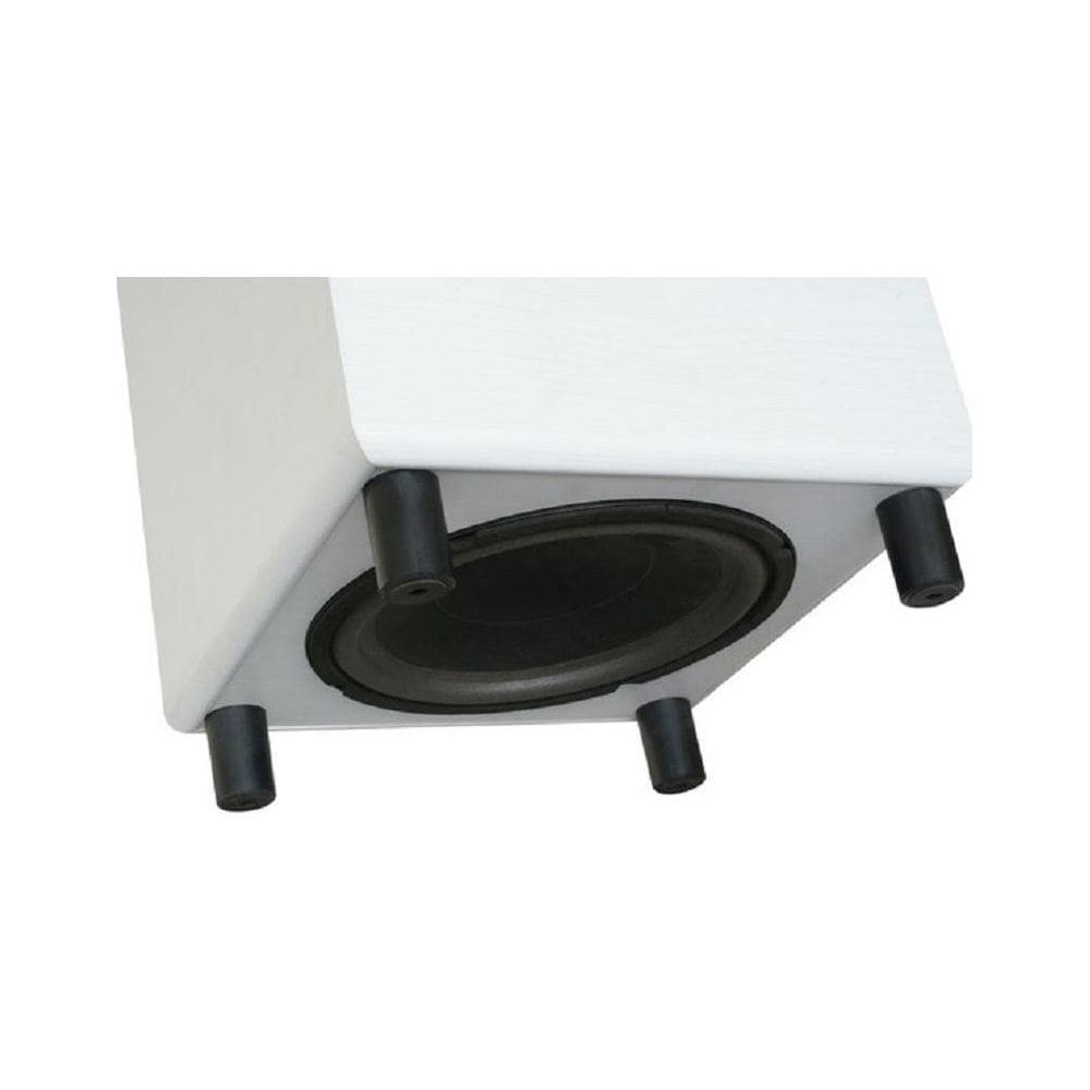 Boîtier d'enceinte blanc avec woofer ouvert et pieds en caoutchouc noirs.