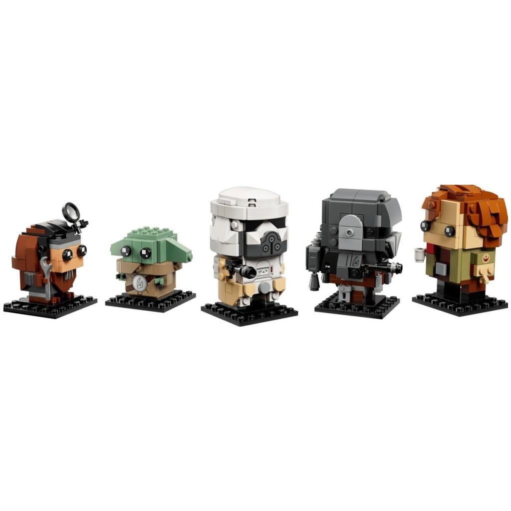 Beş Star Wars LEGO BrickHeadz figürü: Ponda Baba, Grogu, Stormtrooper, Subay, Luke Skywalker.