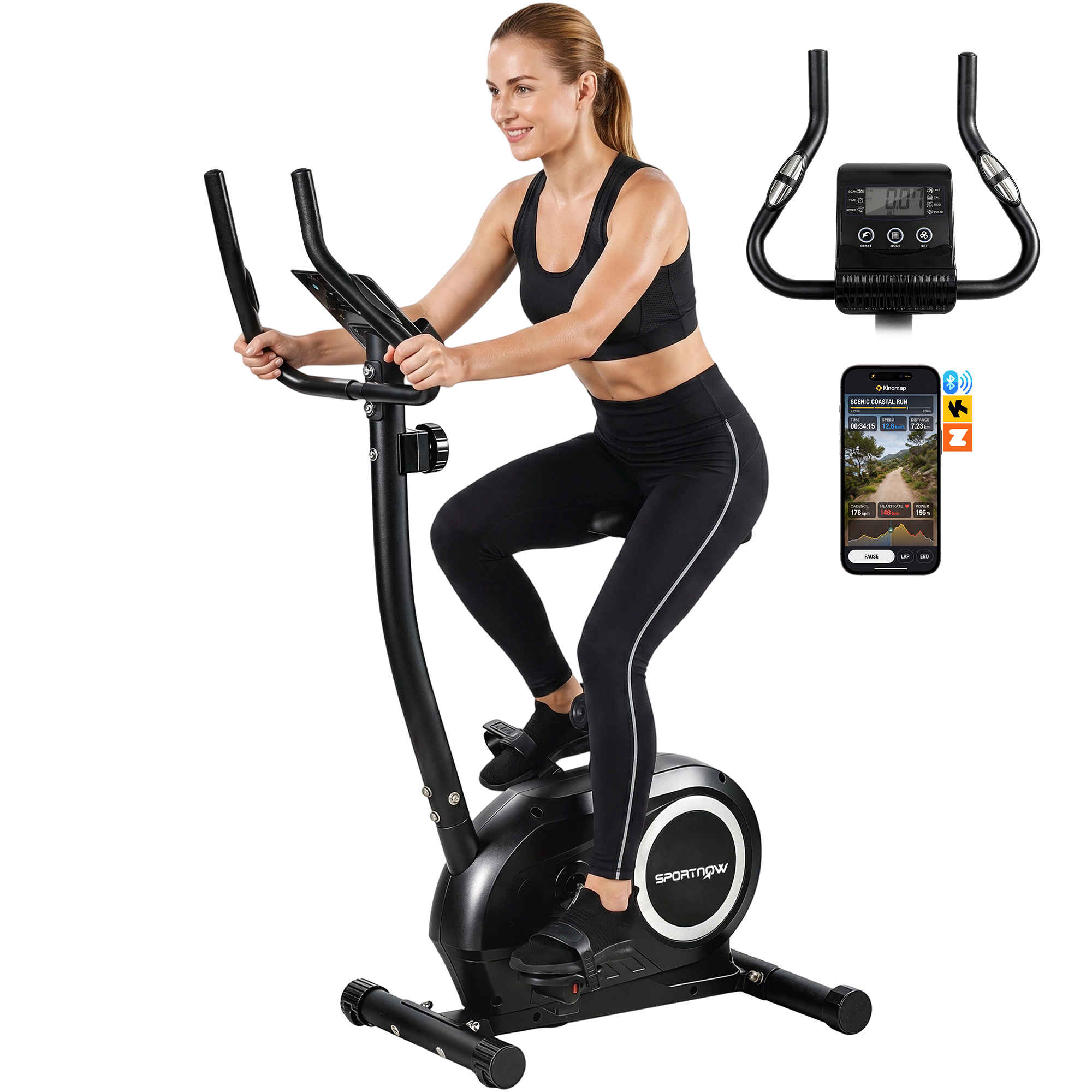 Una donna si allena su una cyclette nera, con uno smartphone che mostra un percorso di corsa.