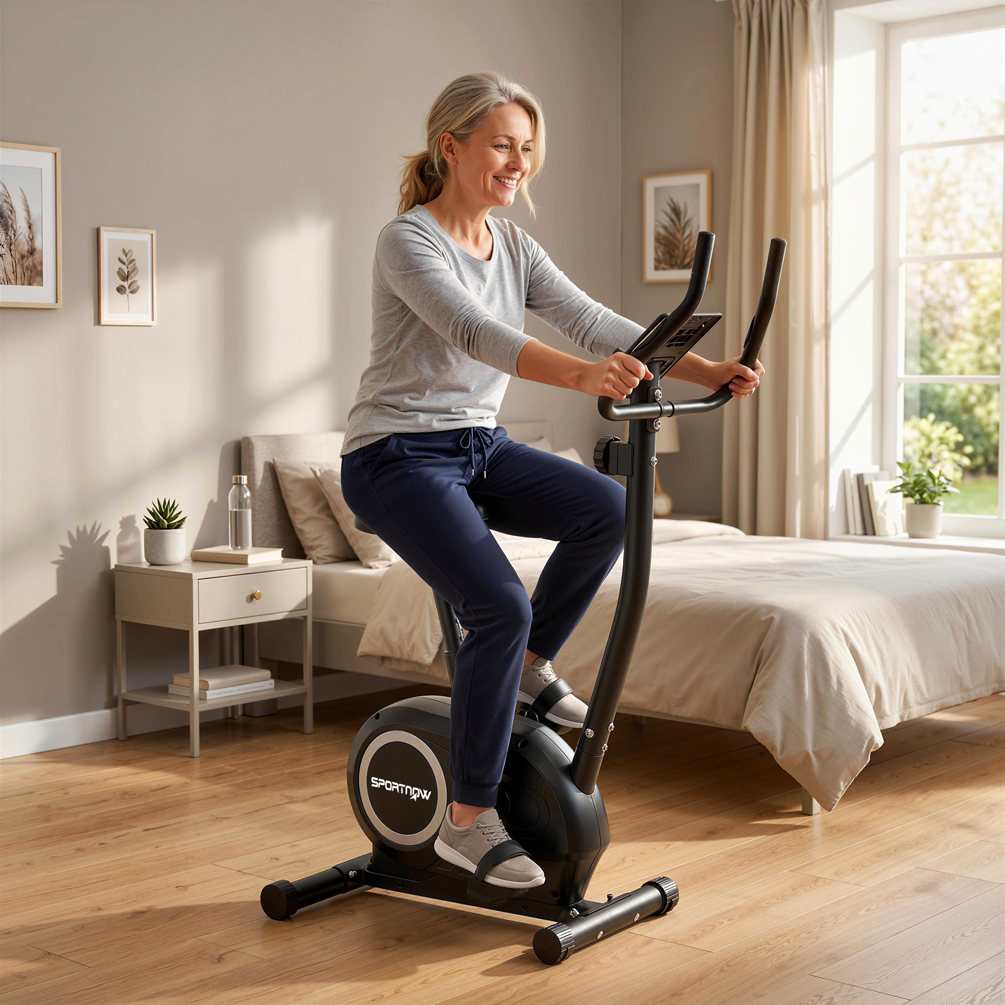 Donna si allena su una cyclette in una camera da letto con letto e finestra.