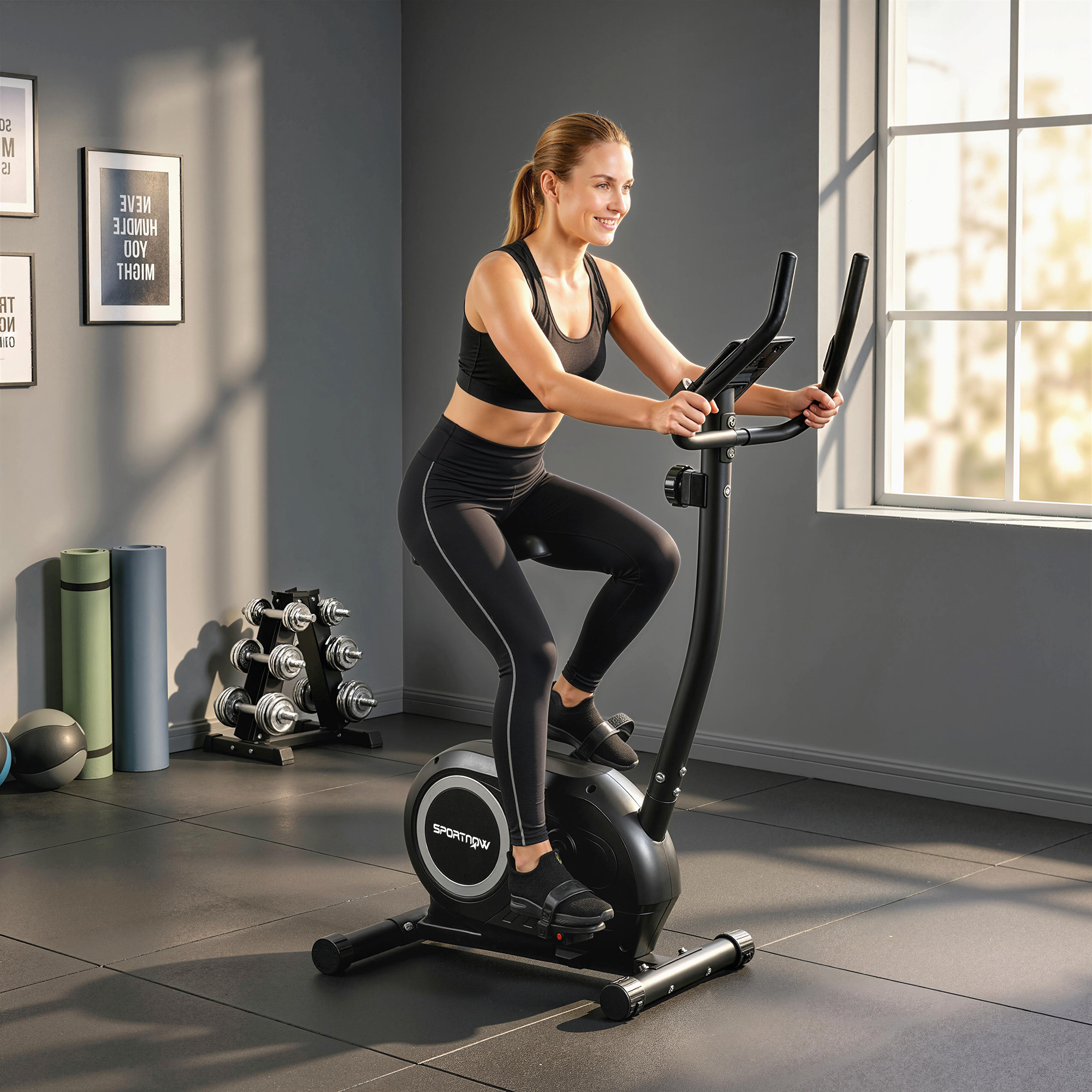Una donna in abiti da allenamento va in cyclette in una palestra domestica.