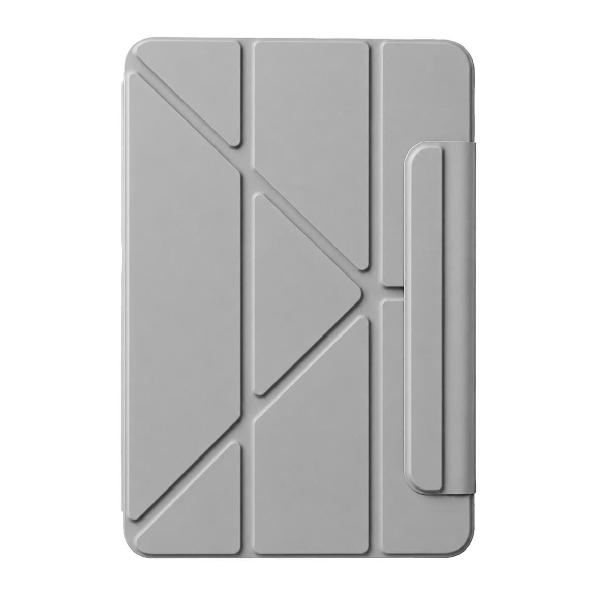 Geometrik desenli ve kalem tutuculu gri tablet kılıfı.