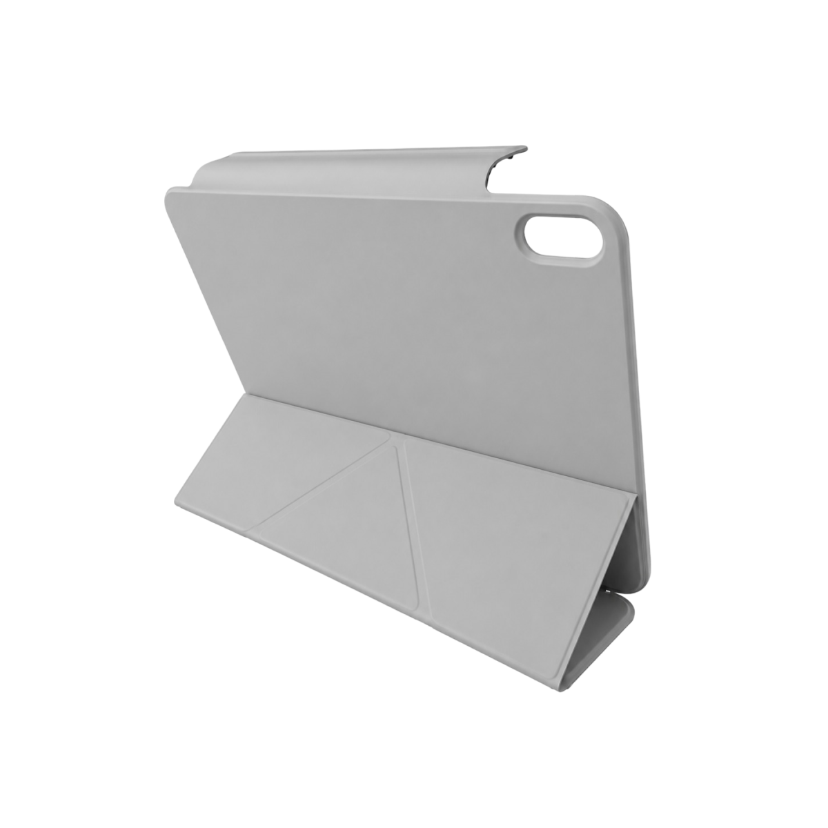 Kamera kesimli katlanmış konumda gri tablet standı.