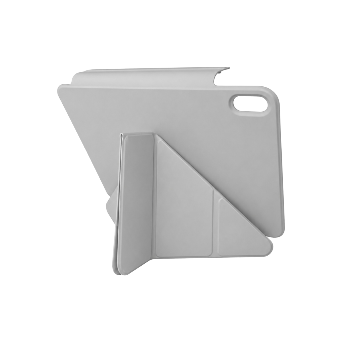 Ayak olarak katlanmış koruyucu kılıfı olan açık gri tablet.