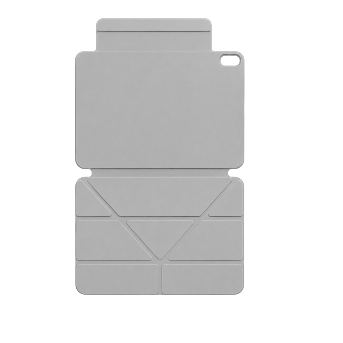 Katlanmış tasarımlı gri tablet kılıfı ve kamera kesiği.