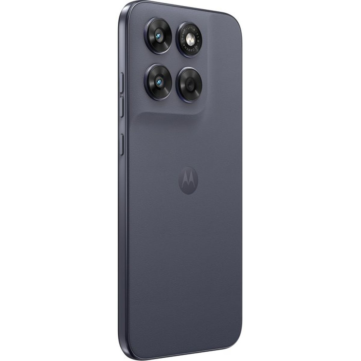 Rückseite eines dunkelgrauen Motorola-Smartphones mit vier Kameras und Motorola-Logo.