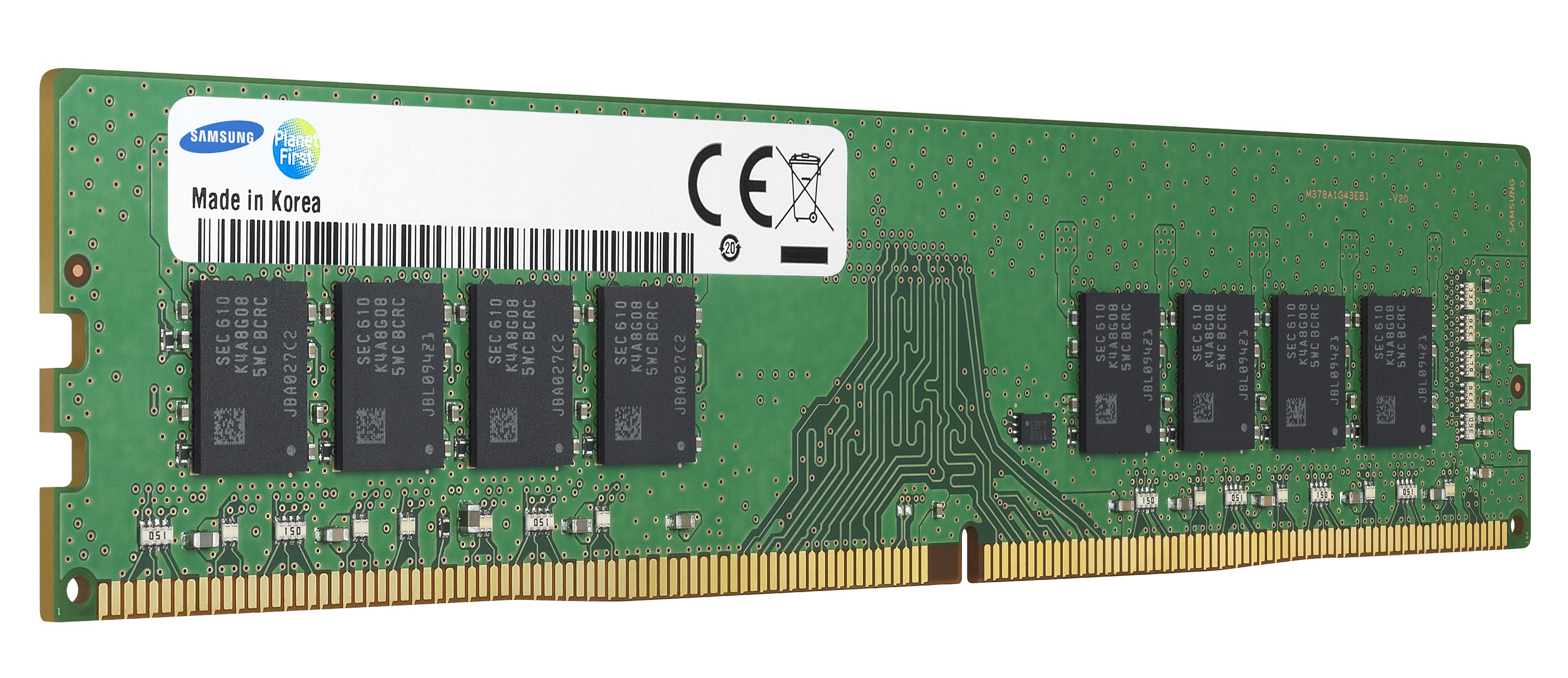 Un modulo RAM Samsung verde con contatti dorati e chip di memoria neri.