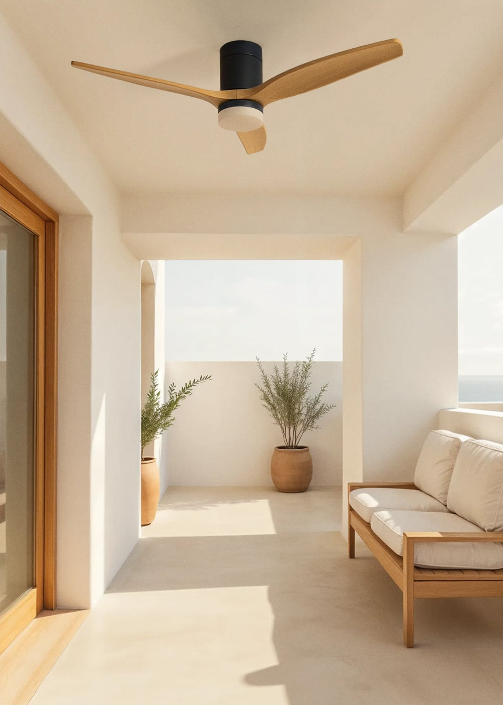 Un patio cubierto con ventilador de techo, sofá y plantas.