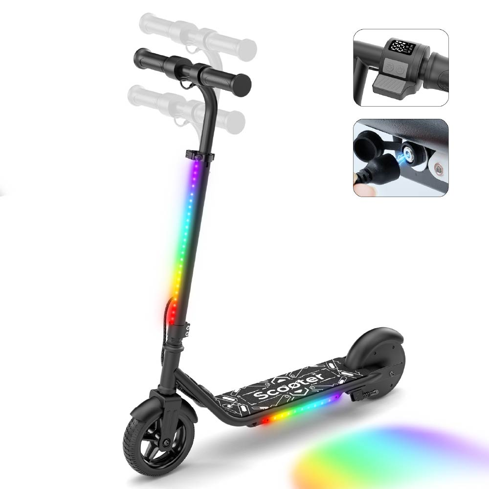 Monopattino elettrico nero con luci LED e display digitale. Porta di ricarica mostrata.