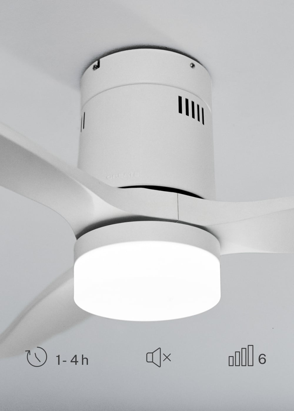 Ventilador de techo blanco con luz. Temporizador 1-4h. Silencioso. Nivel 6.
