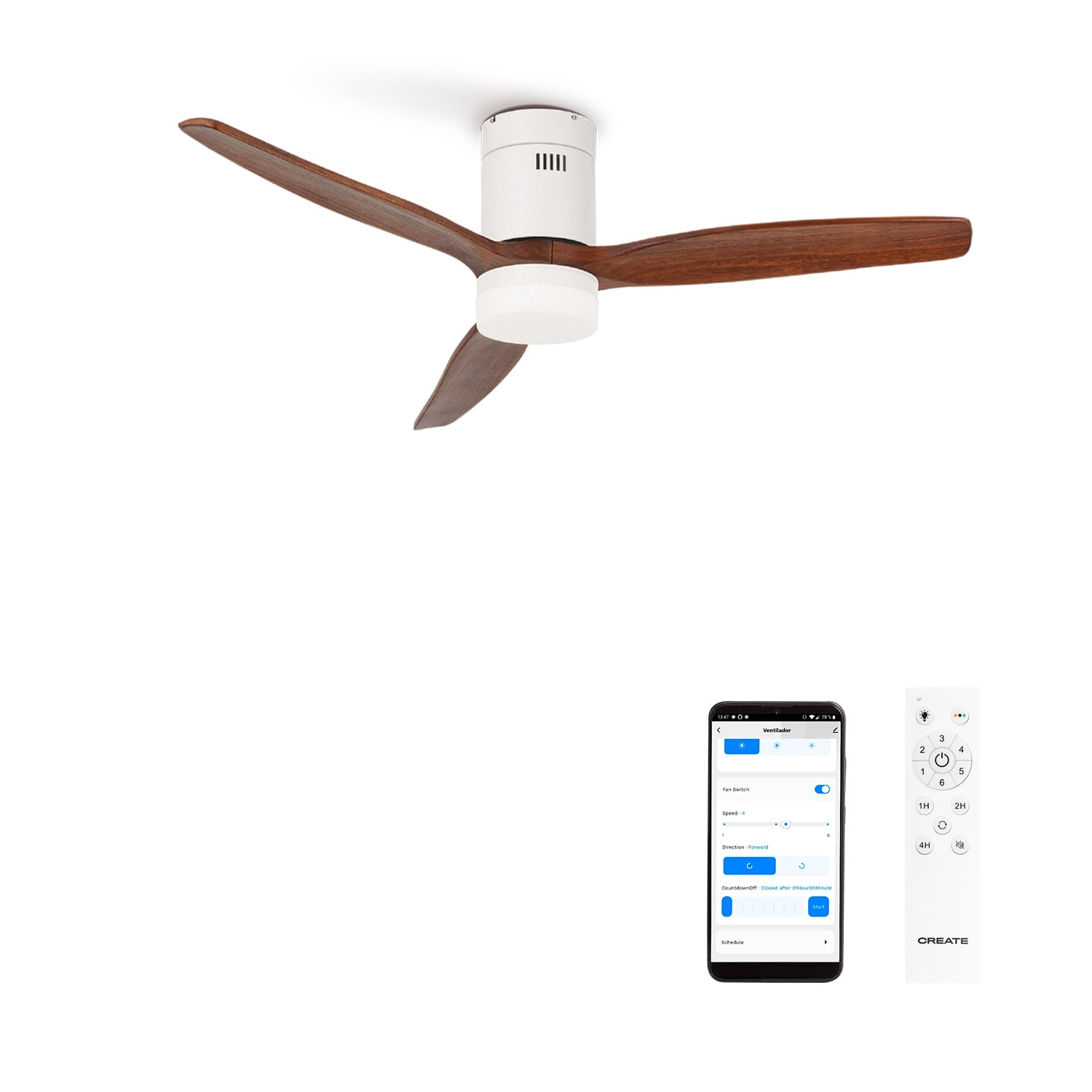 Ventilador de techo con aspas de madera, smartphone y mando.