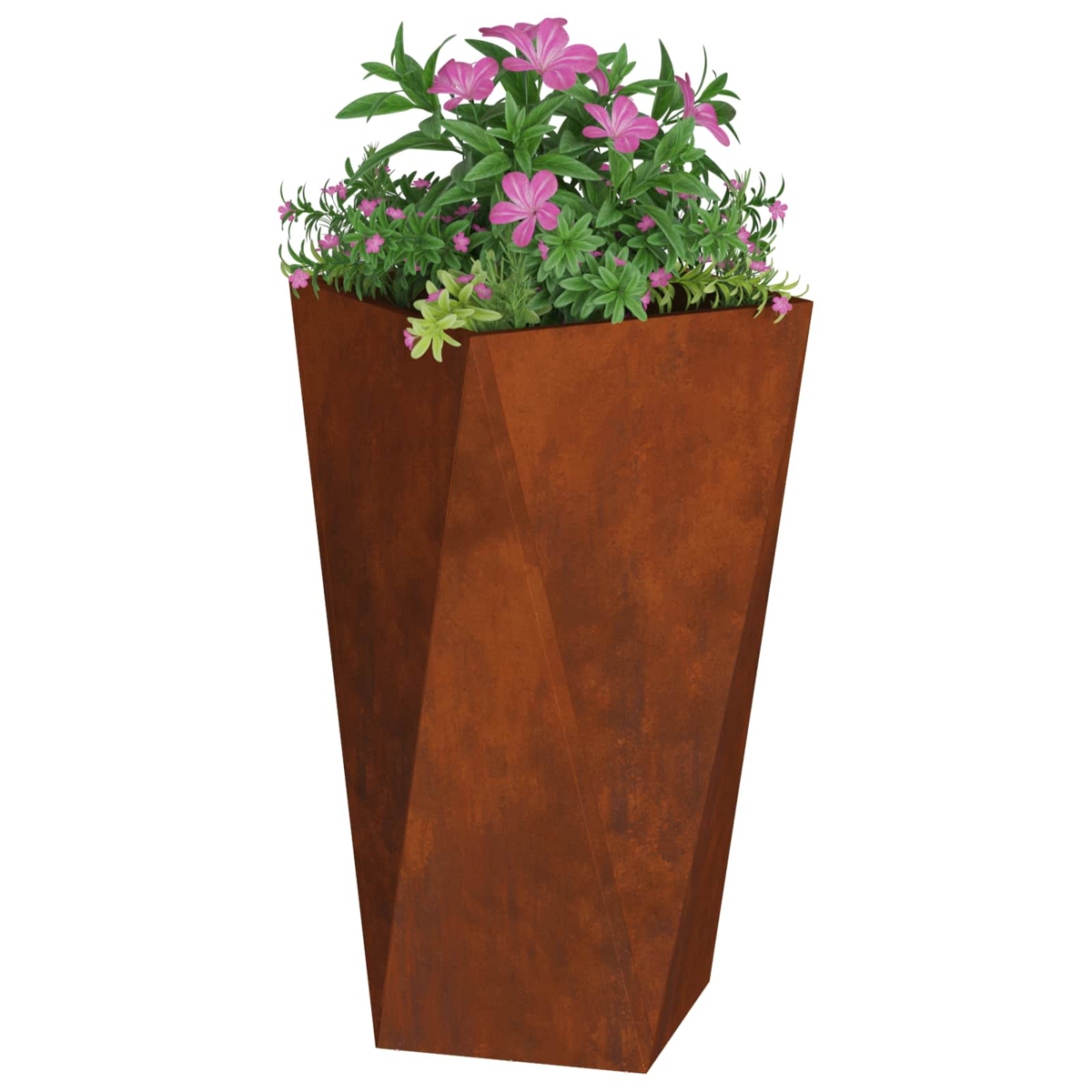 Fioriera geometrica arrugginita con piante rosa e verdi.