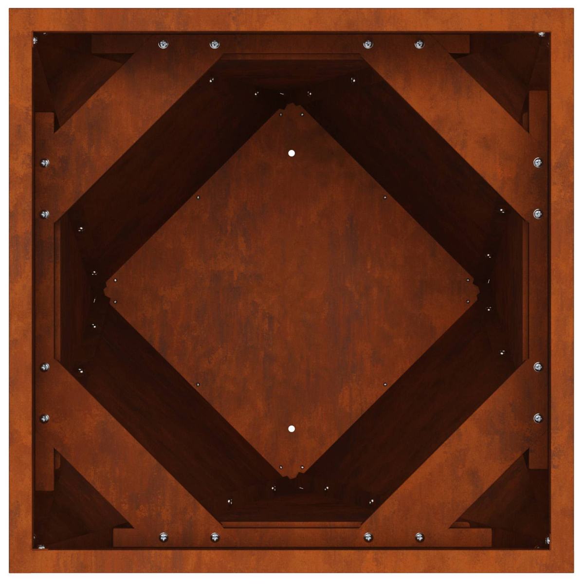 Struttura metallica marrone ruggine con forme geometriche e viti.