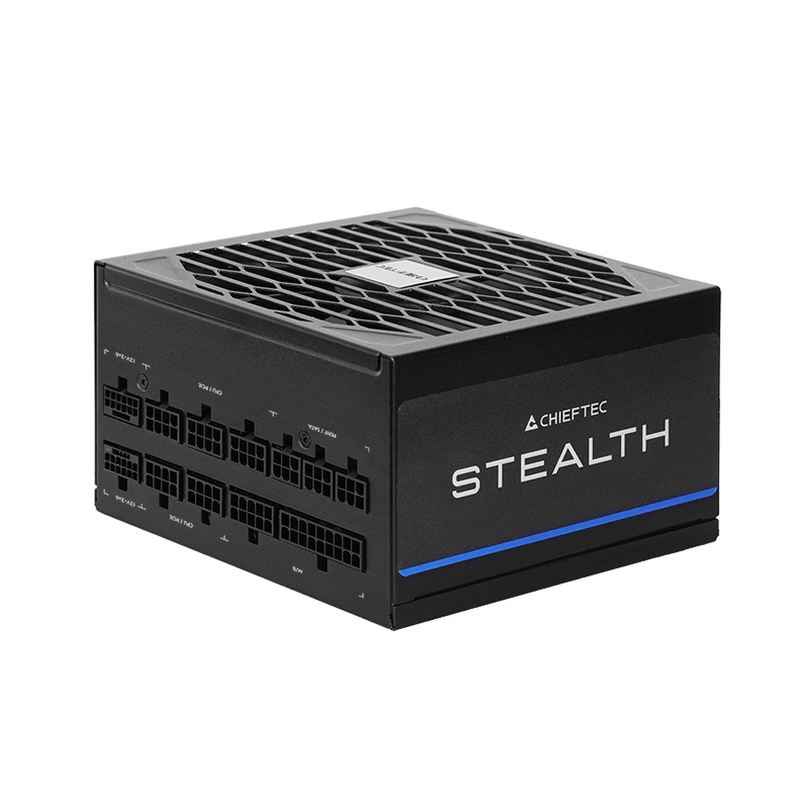 Alimentatore Chieftec Stealth nero con più porte di connessione.