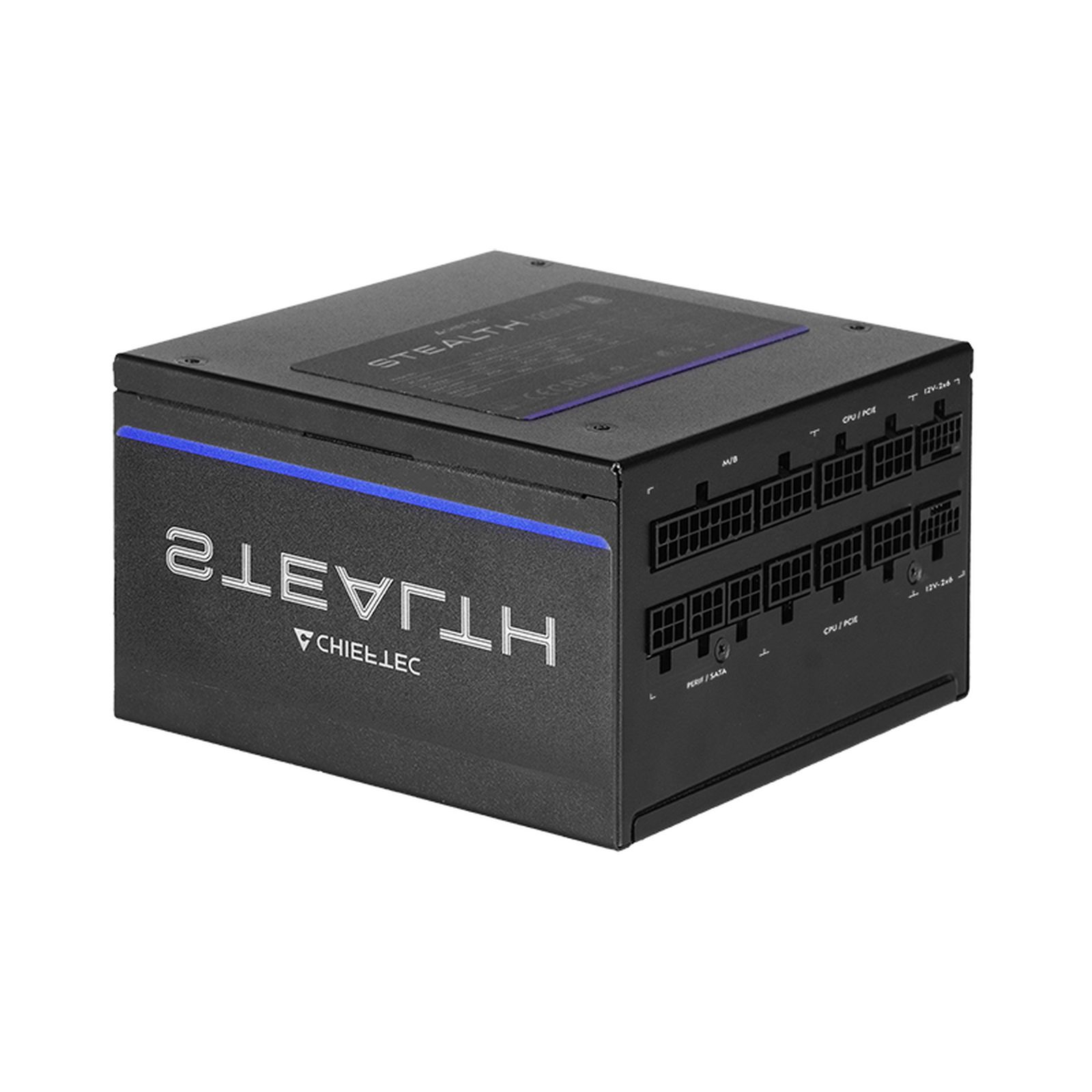 Alimentatore per computer nero con accenti blu e porte etichettate.