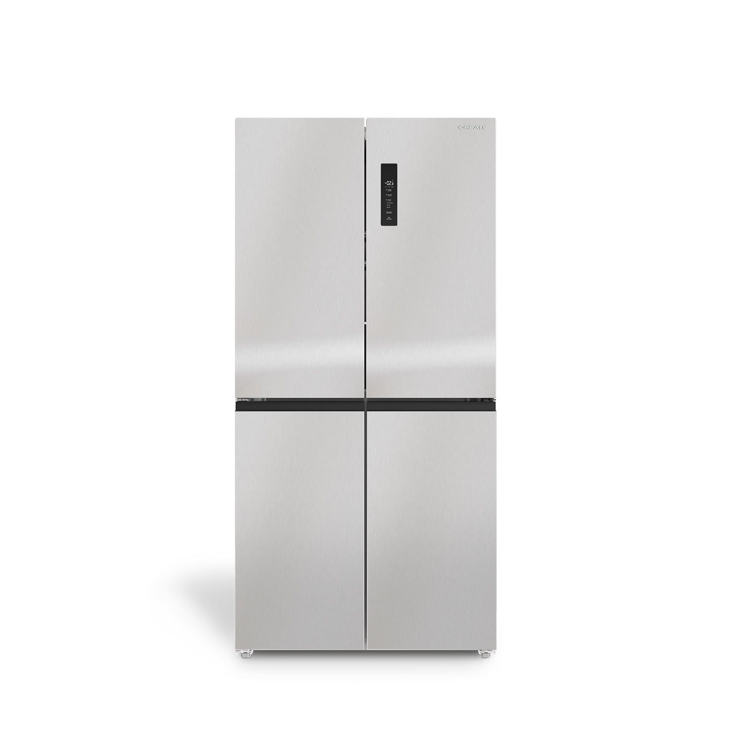 Un refrigerador plateado moderno de cuatro puertas con panel de control táctil.