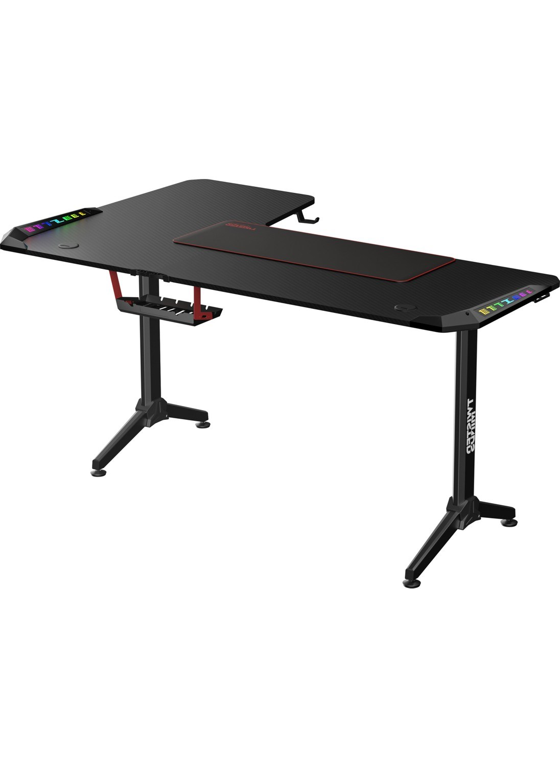 RGB aydınlatmalı ve mouse pad'li siyah L şeklinde masa.