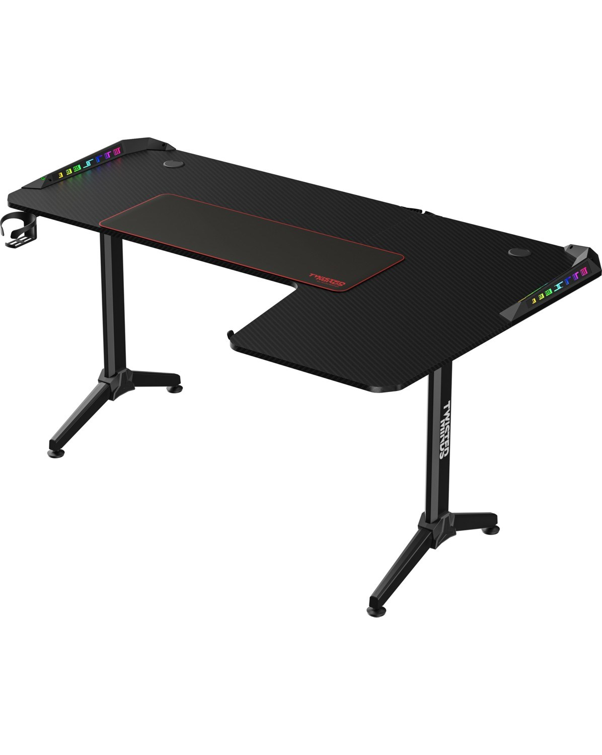 Doku kaplamalı ve RGB aydınlatmalı siyah L şeklinde bir masa.
