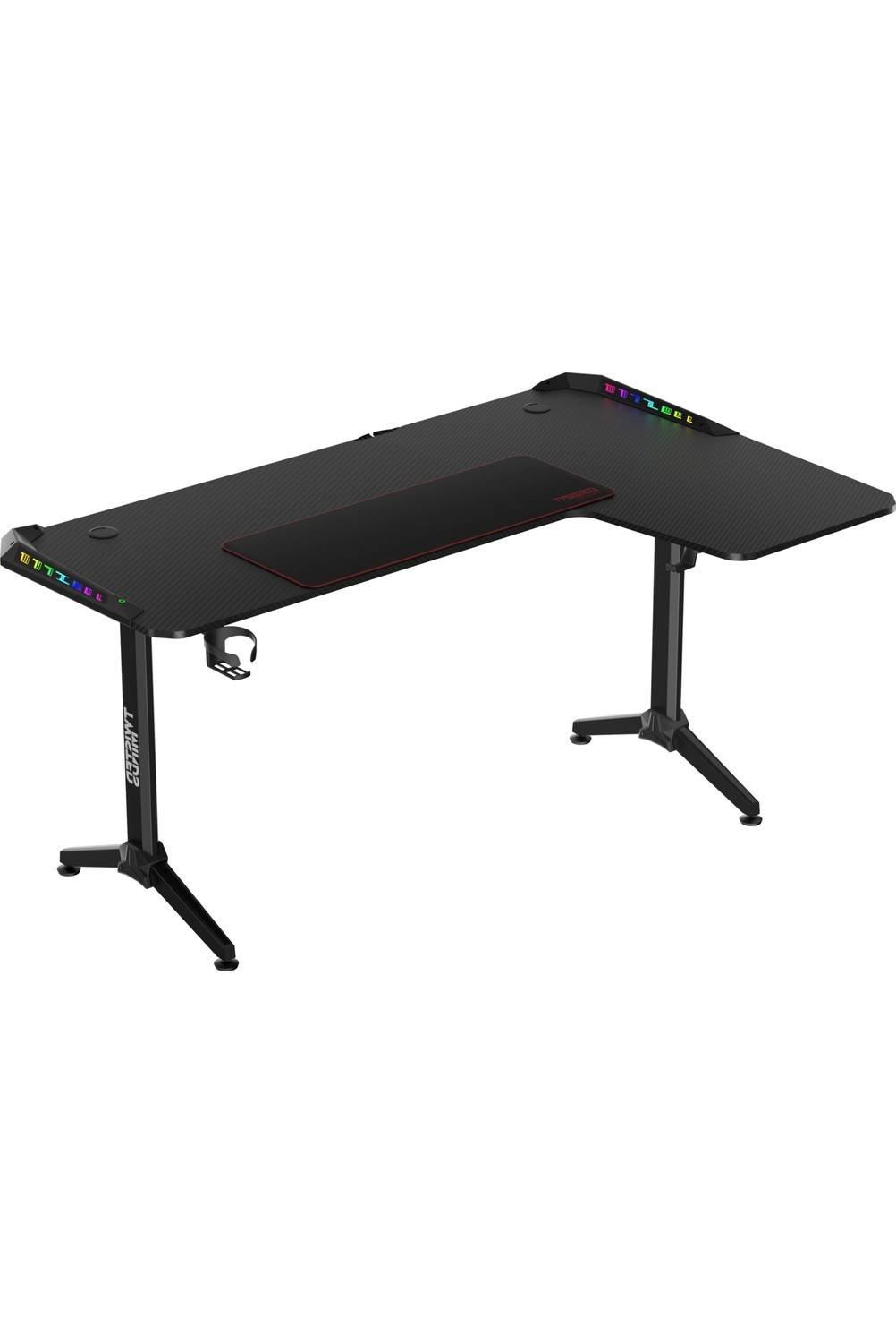 RGB aydınlatmalı ve mousepad'li siyah L şeklinde oyun masası.