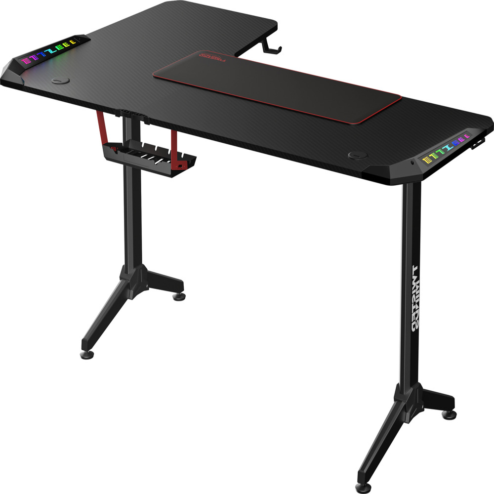RGB aydınlatmalı, mousepad'li ve kulaklık askılı siyah L şeklinde oyun masası.