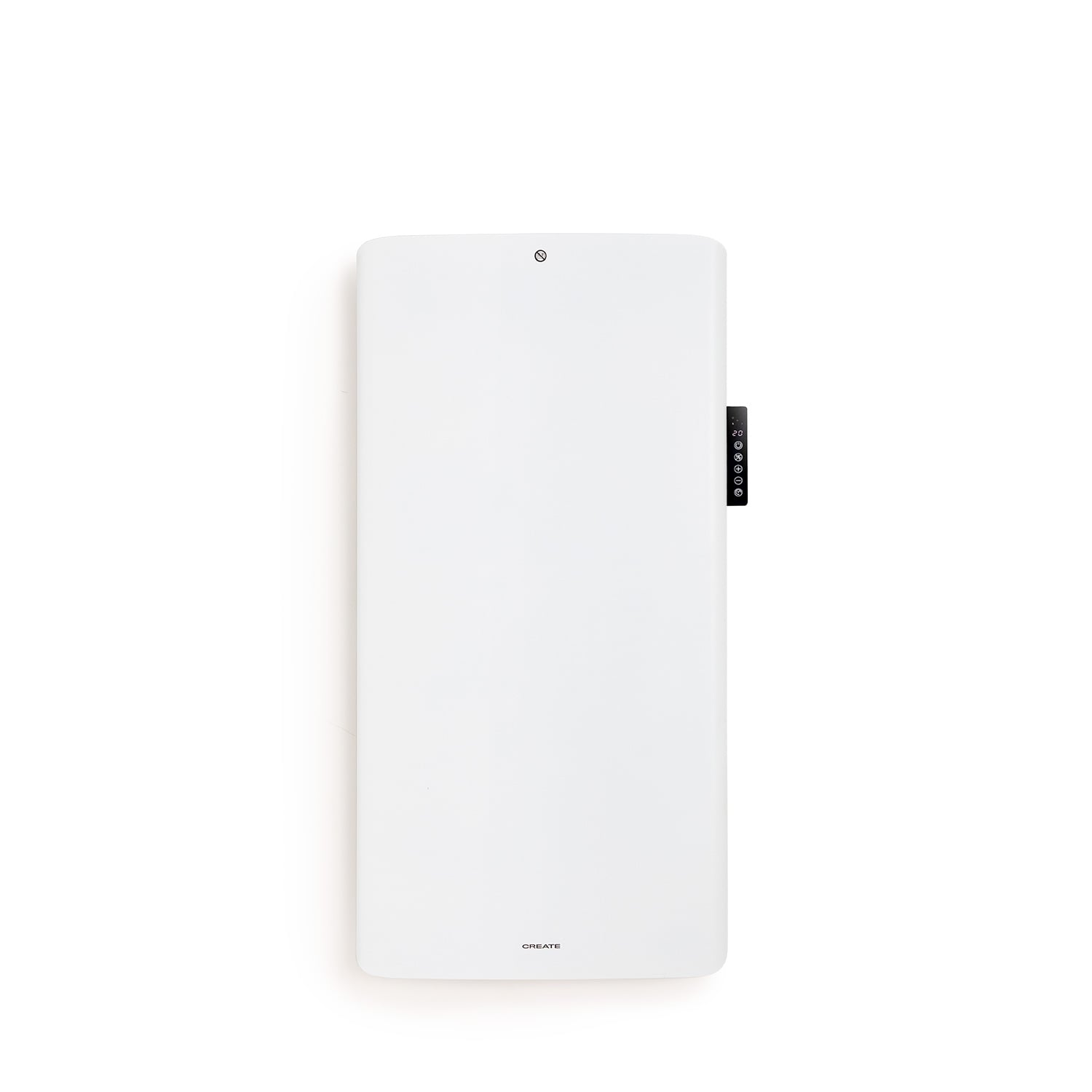 Un radiador blanco y rectangular con panel de control negro y pantalla de temperatura.
