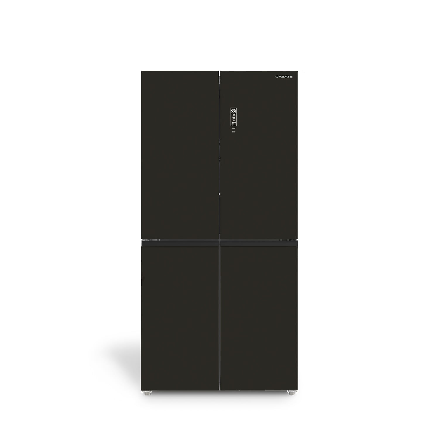 Un refrigerador negro de cuatro puertas con pantalla en la puerta superior izquierda.
