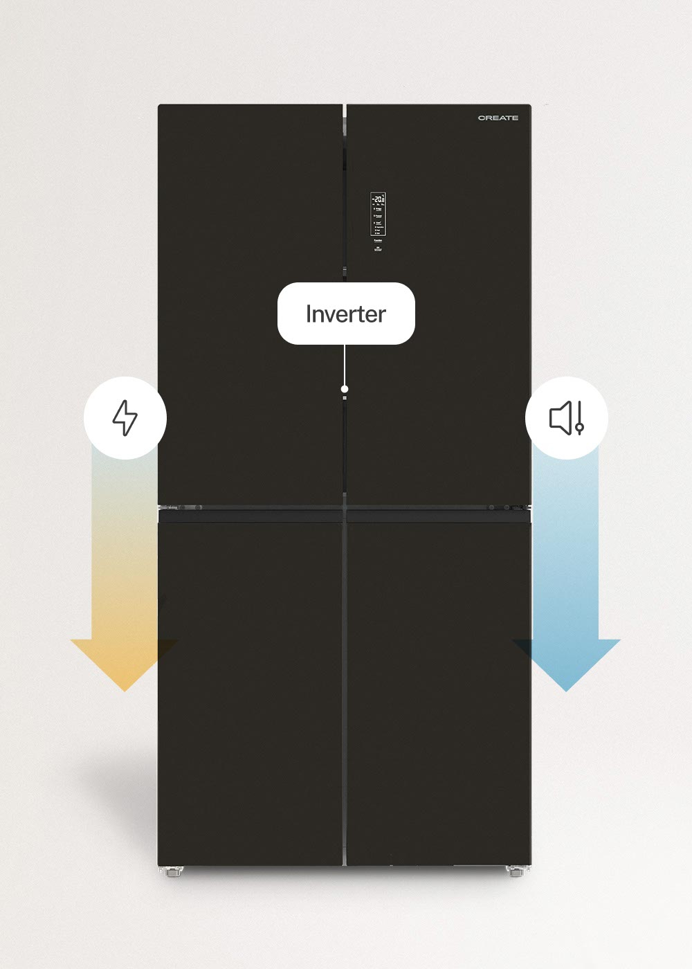 Refrigerador negro con tecnología inverter, iconos de energía y sonido.
