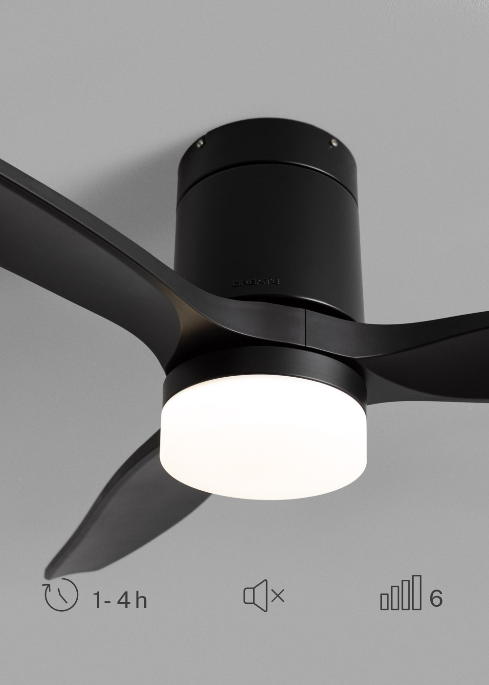 Ventilador de techo negro con luz LED e iconos de temporizador.