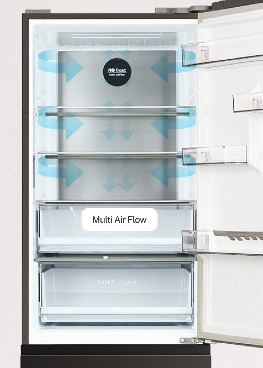 Interior de un refrigerador con flechas de flujo de aire, logo "No Frost" y cajones.