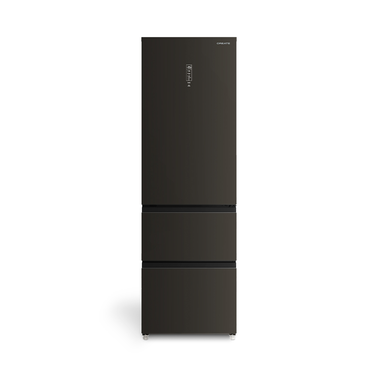 Un refrigerador gris oscuro con tres cajones y pantalla digital.
