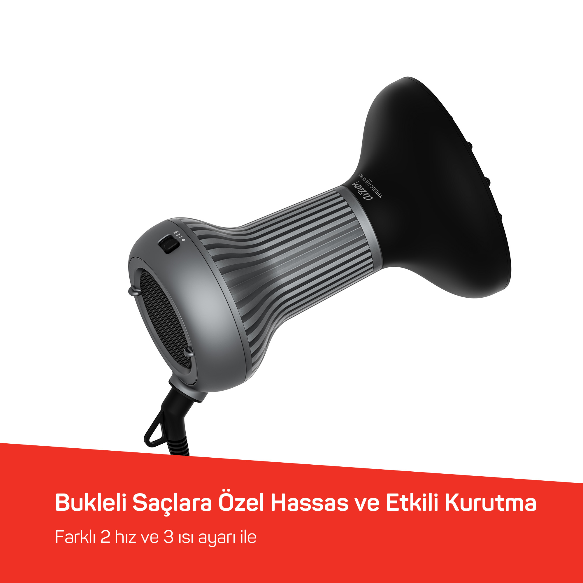 Gümüş nervürlü detaylara sahip siyah saç kurutma makinesi difüzör başlığı.