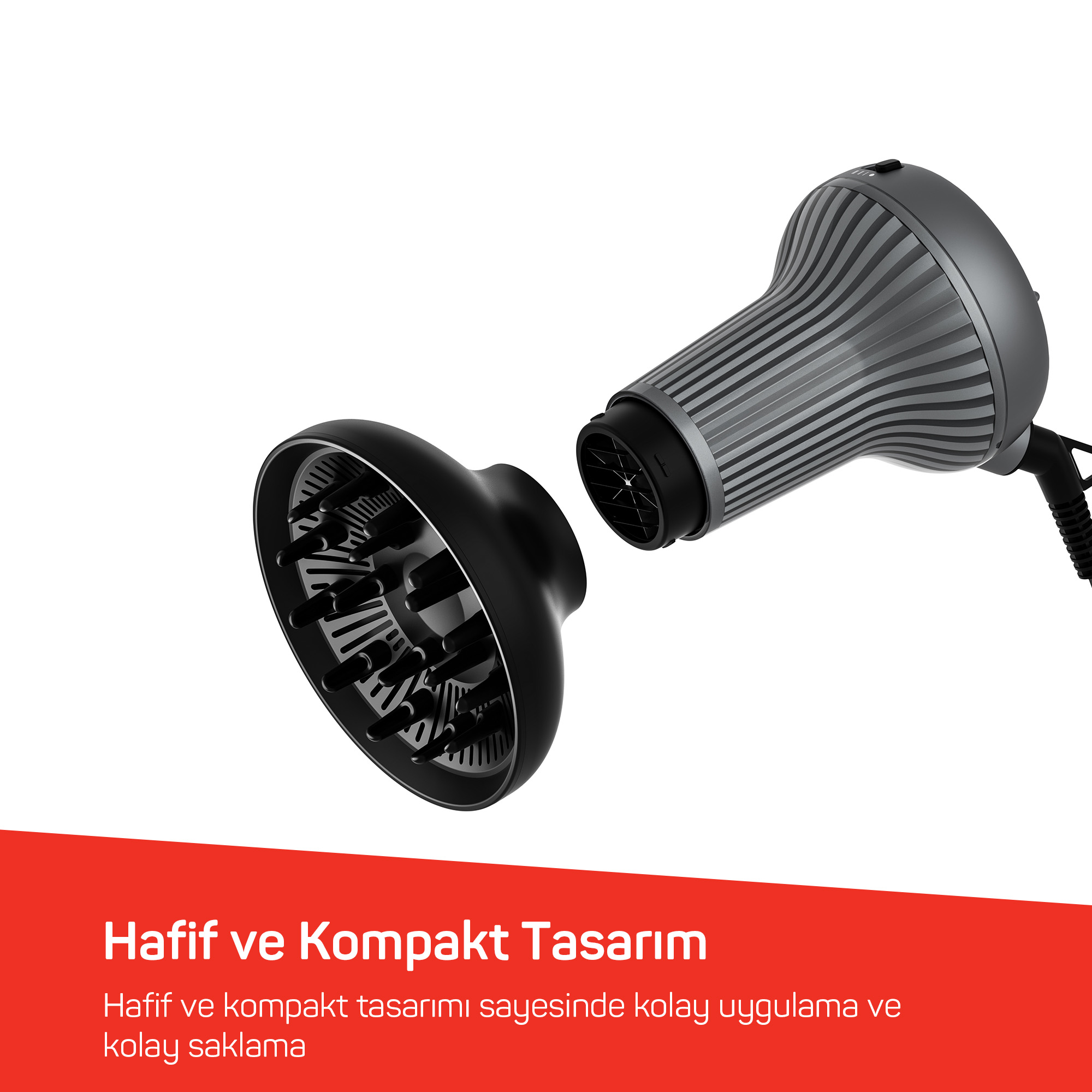 Gri saç kurutma makinesi difüzör aparatı ve saç kurutma makinesi.